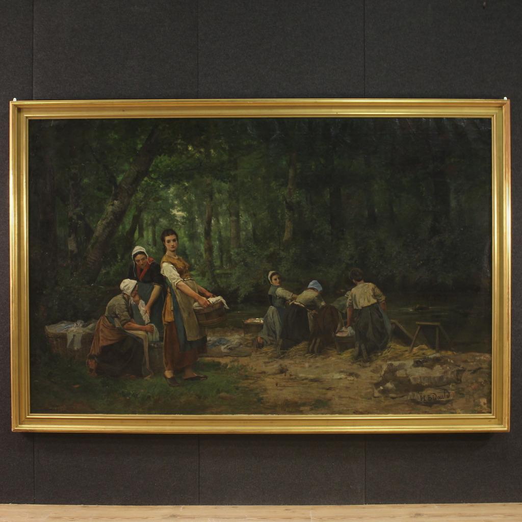 Wunderschönes französisches Gemälde aus der zweiten Hälfte des 19. Jahrhunderts. Ölgemälde auf Leinwand, die erste Leinwand ist auf einer Holztafel befestigt und zeigt ein beliebtes Motiv: Wäscherinnen am Fluss. Als typische Vertreter der