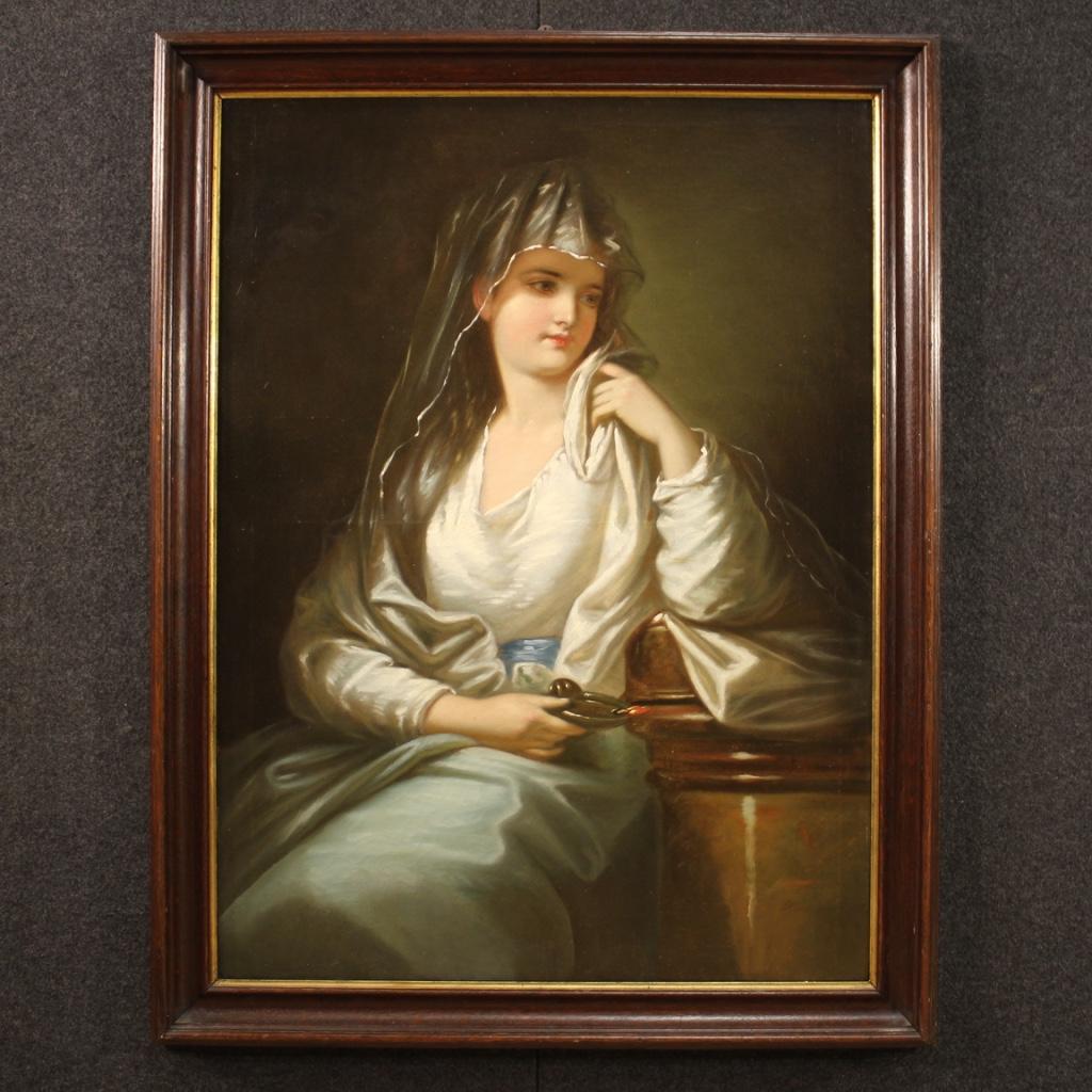 Antique German painting from the second half of the 19th century. Framework oil on canvas depicting a particular female portrait Young girl with veil and lamp of excellent pictorial quality. Wooden frame carved of beautifully decorated golden wooden