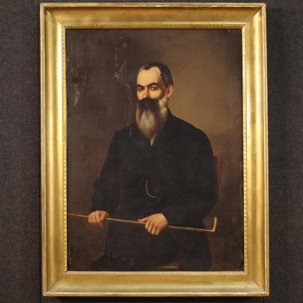 Antique Italian painting from 19th century. Framework oil on canvas depicting a portrait of a gentleman with a walking stick of good pictorial quality. Contemporary frame (adapted to the painting) carved and gilded of beautiful decoration with