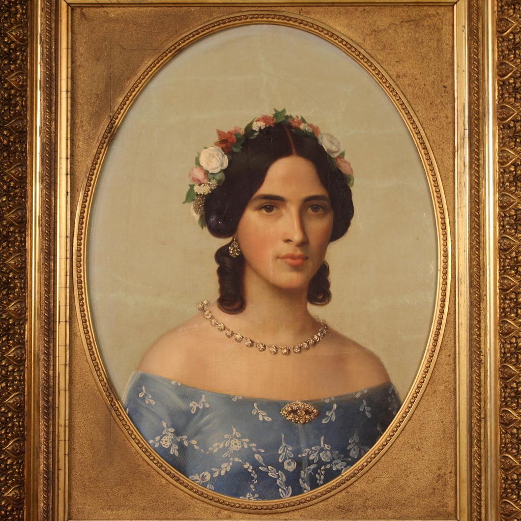 19th Century Oil On Canvas Antique Italian Portrait Painting, 1860 In Good Condition In Vicoforte, Piedmont