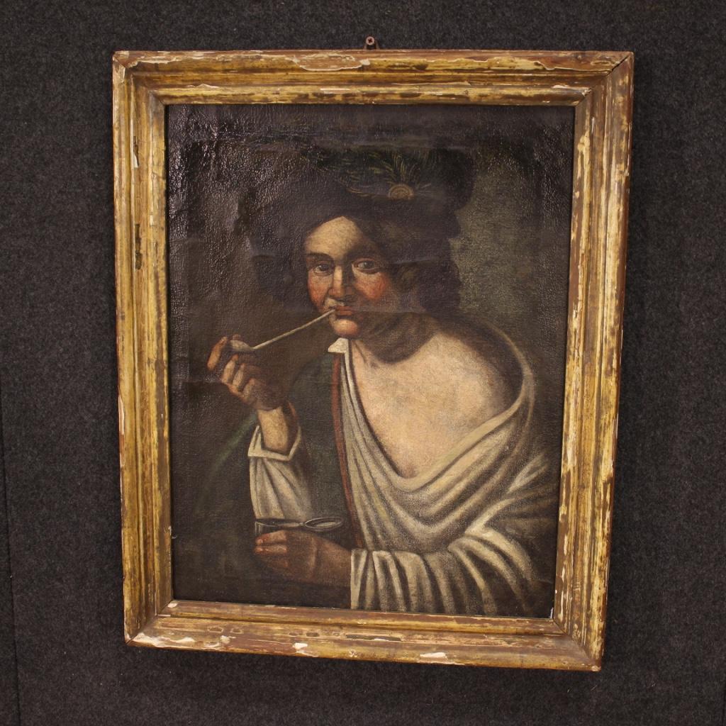 19th Century Oil on Canvas Antique Italian Portrait Painting Pipe Smoker, 1830 9