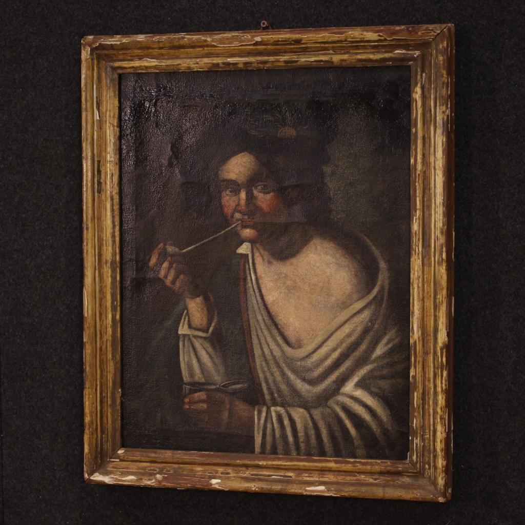 19th Century Oil on Canvas Antique Italian Portrait Painting Pipe Smoker, 1830 In Fair Condition In Vicoforte, Piedmont