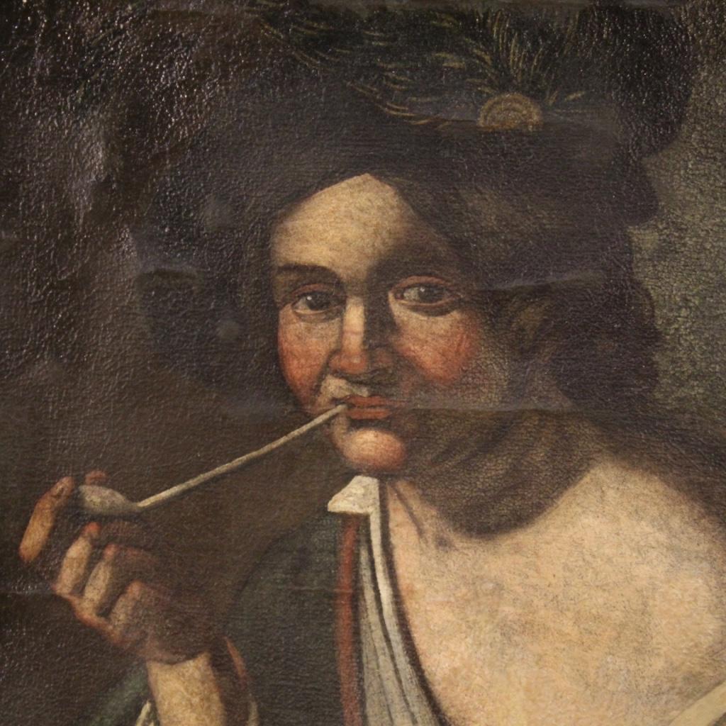 19th Century Oil on Canvas Antique Italian Portrait Painting Pipe Smoker, 1830 2