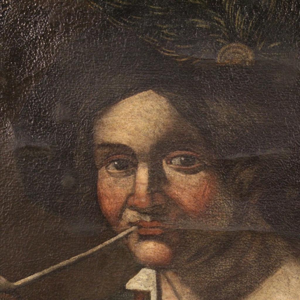 19th Century Oil on Canvas Antique Italian Portrait Painting Pipe Smoker, 1830 4