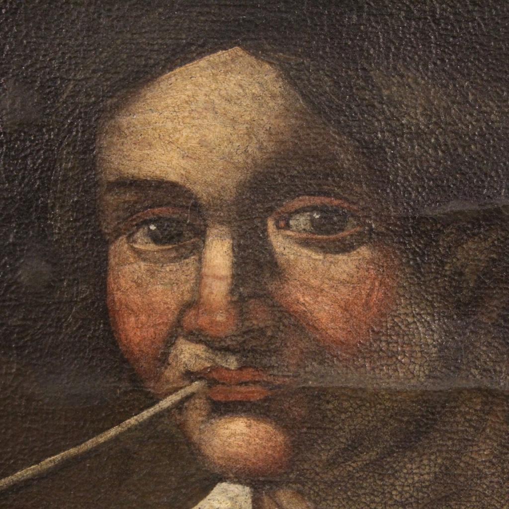 19th Century Oil on Canvas Antique Italian Portrait Painting Pipe Smoker, 1830 5