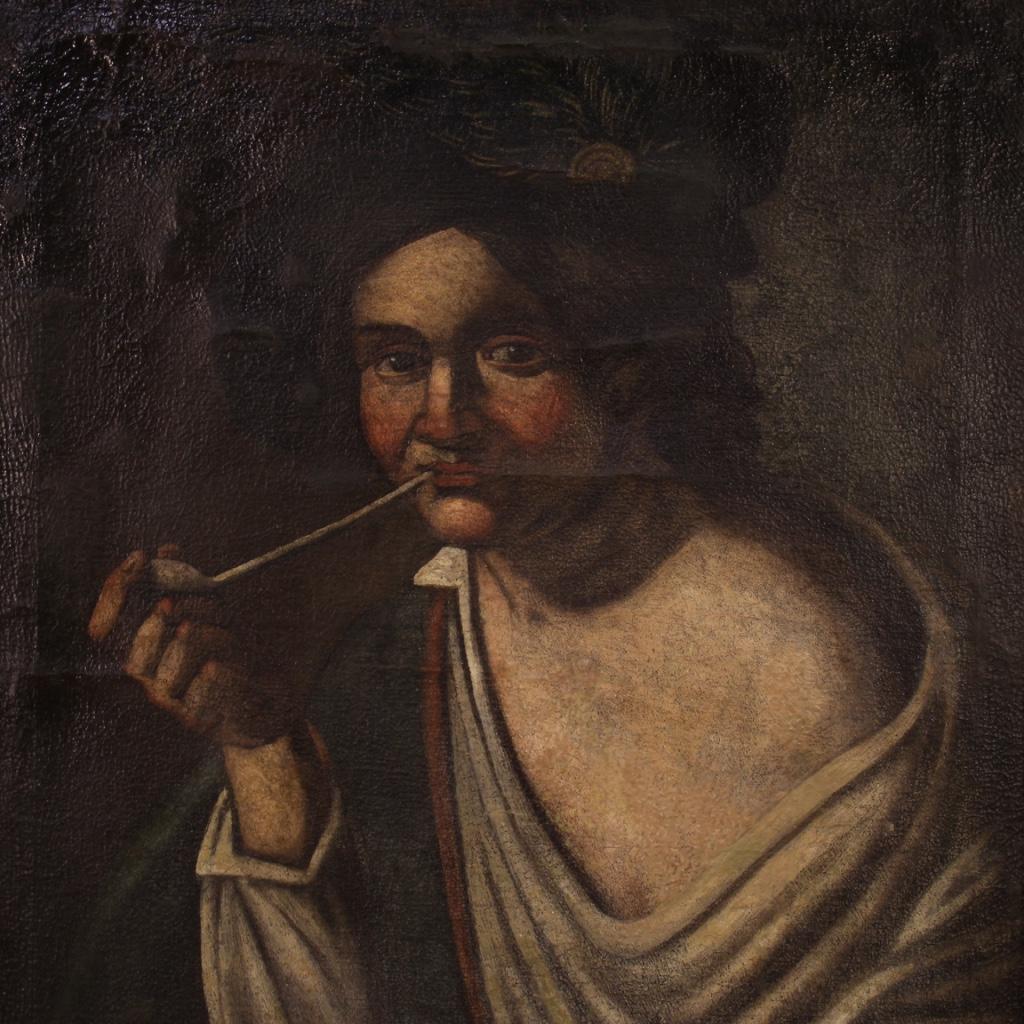 19th Century Oil on Canvas Antique Italian Portrait Painting Pipe Smoker, 1830 6