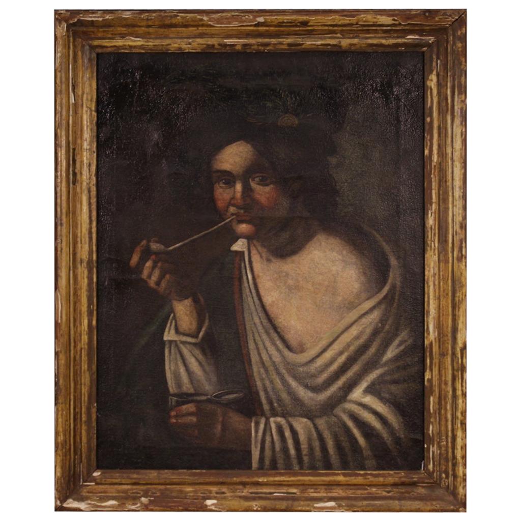 19th Century Oil on Canvas Antique Italian Portrait Painting Pipe Smoker, 1830