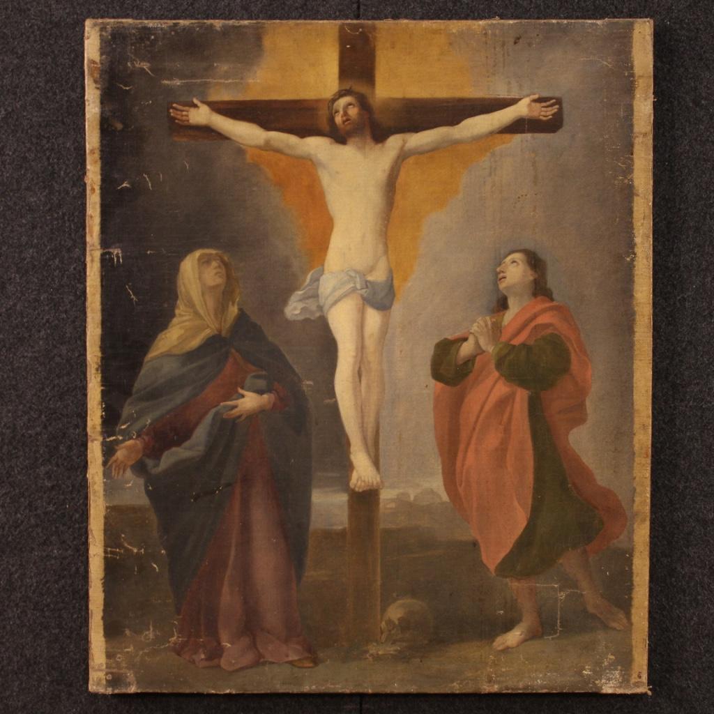 Antique Italian painting from 19th century. Framework oil on canvas depicting a subject of sacred art in the manner of Guido Reni, crucifixion of good pictorial quality. Nice size framework, for antique dealers and religious painting collectors.