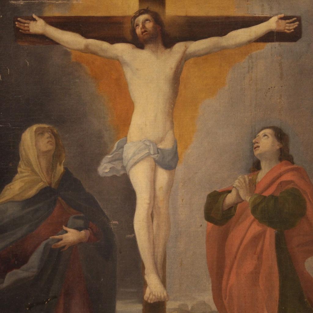 19th Century Oil on Canvas Antique Italian Religious Crucifixion Painting, 1860 In Fair Condition In Vicoforte, Piedmont