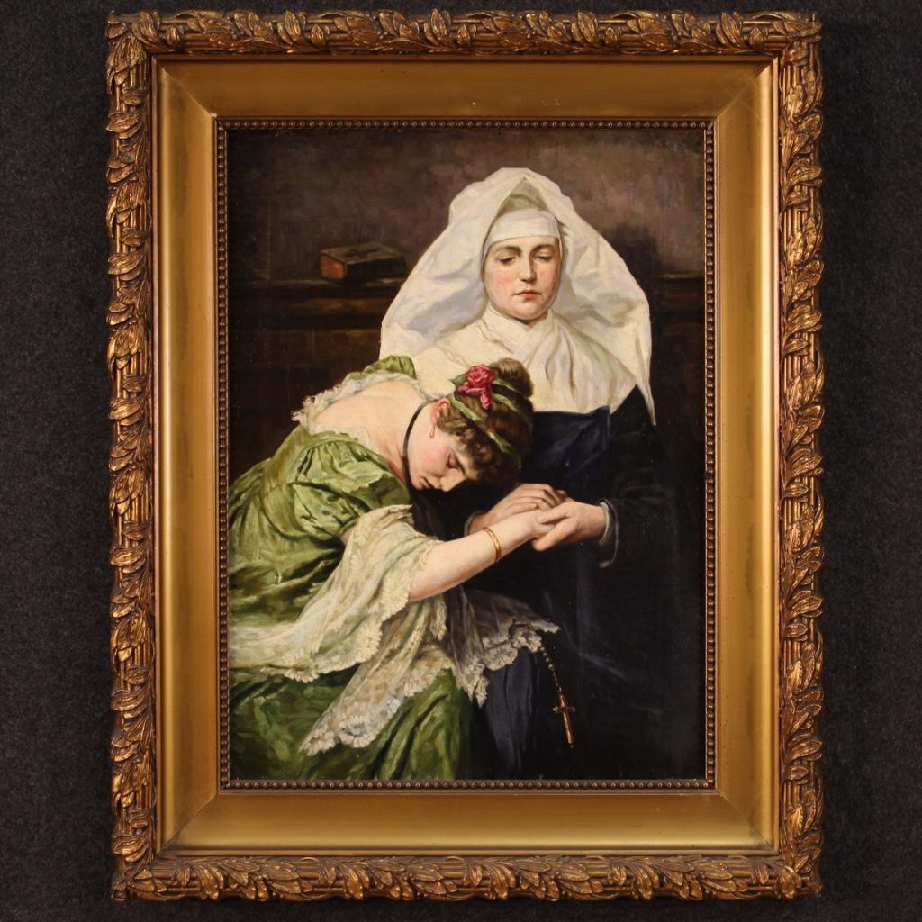 Italian painting from the late 19th century. Framework oil on canvas, on the first canvas, depicting a subject of romantic style, The Confession, of good pictorial quality. Finely chiseled and gilded frame from the 20th century (bronze tint) of