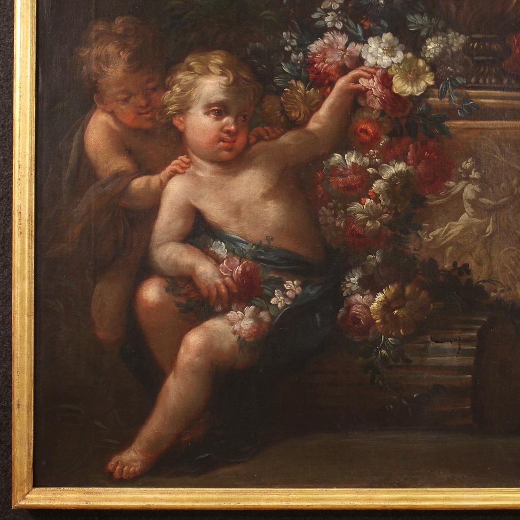 19th Century Oil on Canvas Antique Italian Still Life And Cherubs Painting, 1780 7