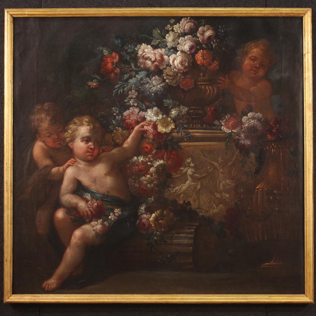 Antique Italian painting from the end of the 18th century. Framework oil on canvas depicting still life with cherubs and flowers of excellent pictorial quality. Framework of good size and pleasant decor adorned with a modern, carved and gilded