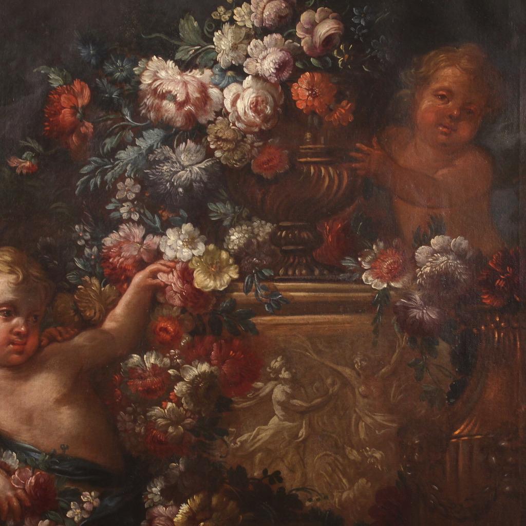 19th Century Oil on Canvas Antique Italian Still Life And Cherubs Painting, 1780 2