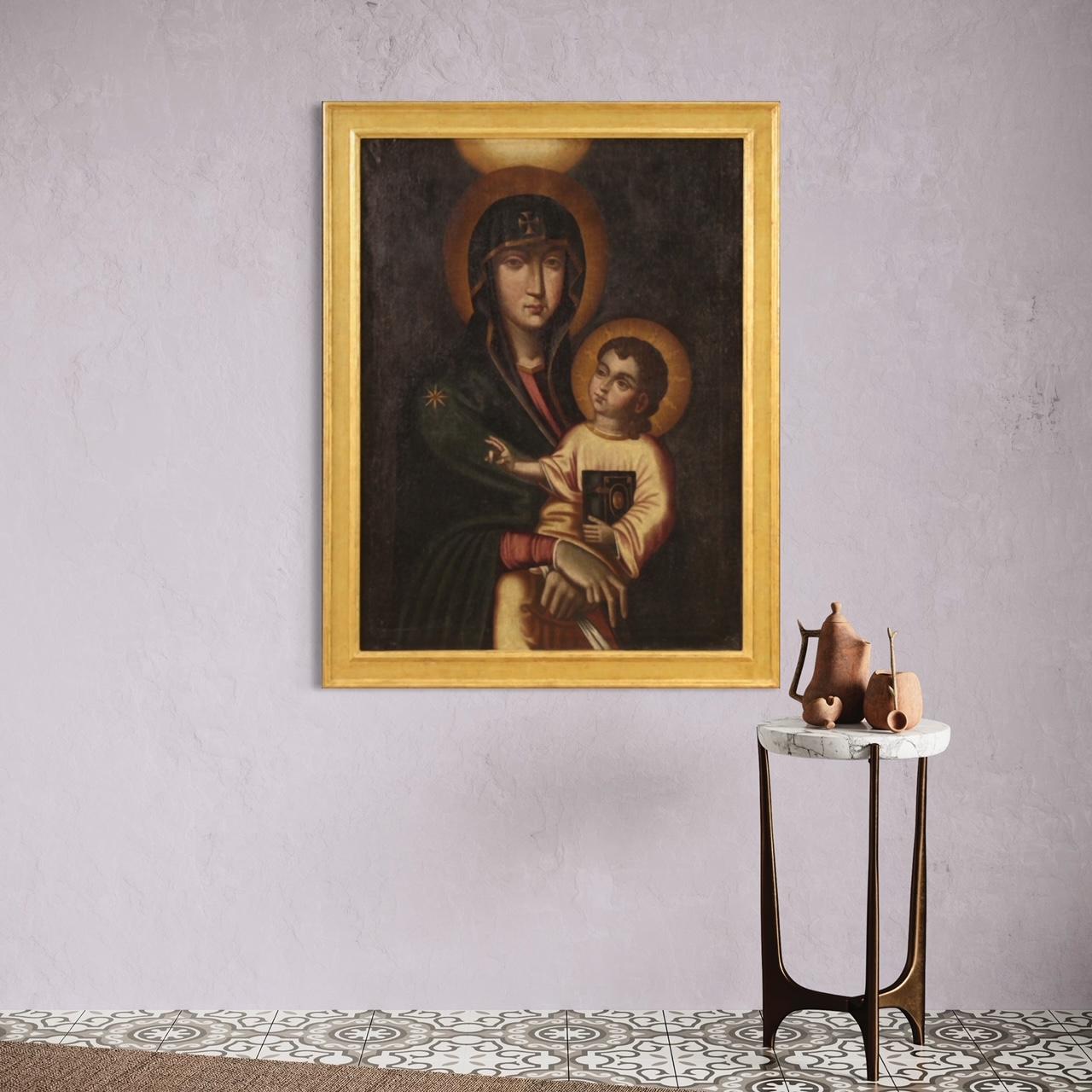 Italian painting from the late 19th / early 20th century. Artwork oil on canvas depicting Virgin with child in antique Byzantine style of good pictorial quality. Wooden frame of the twentieth century, carved and gilded, of beautiful decoration.