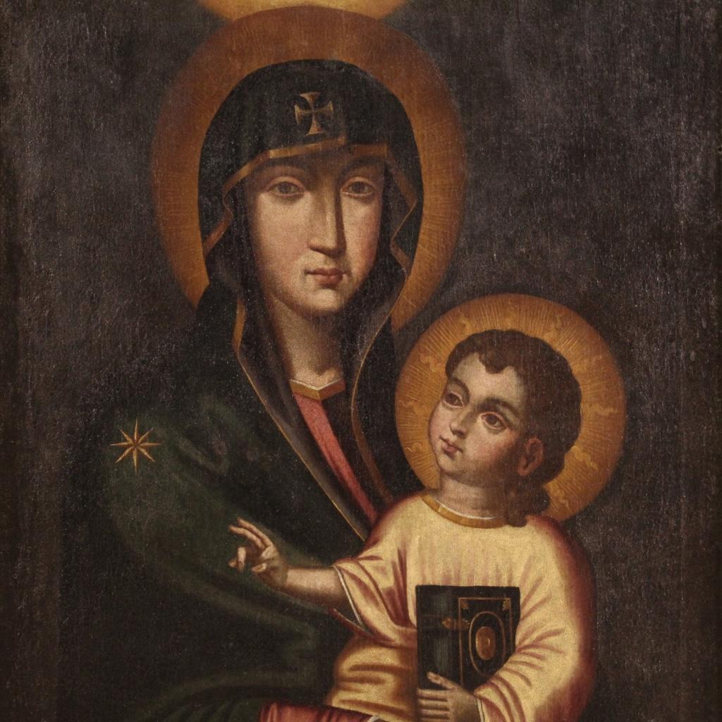 Oiled 19th Century Oil on Canvas Antique Religious Italian Painting Madonna with Child