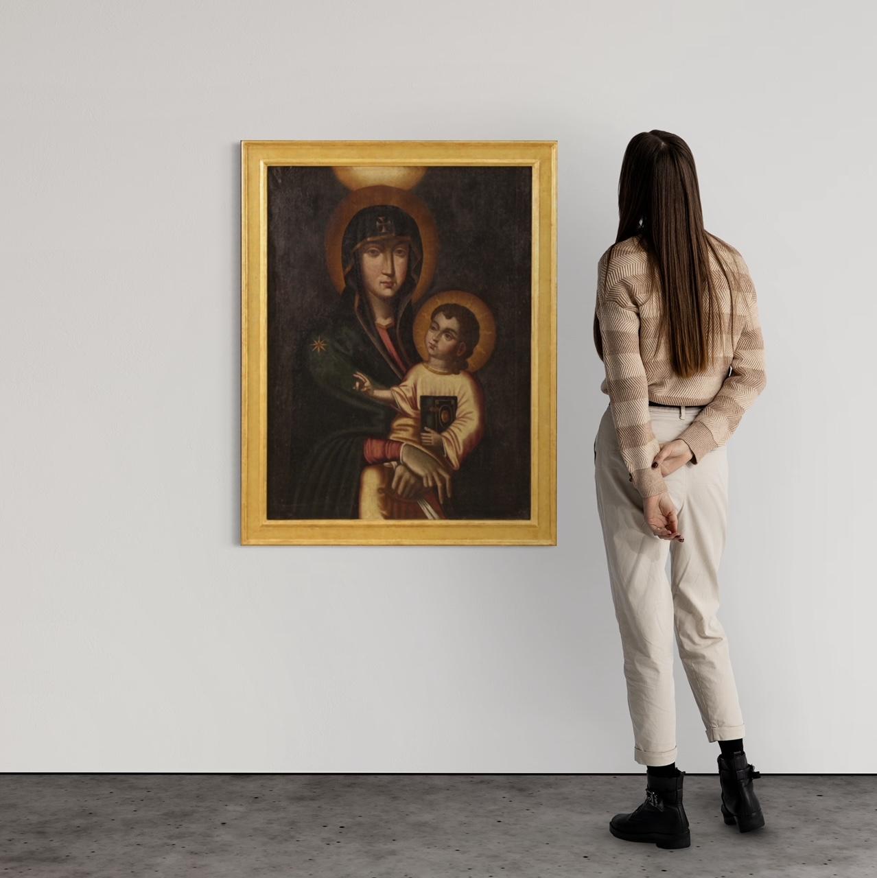 19th Century Oil on Canvas Antique Religious Italian Painting Madonna with Child In Good Condition In Vicoforte, Piedmont