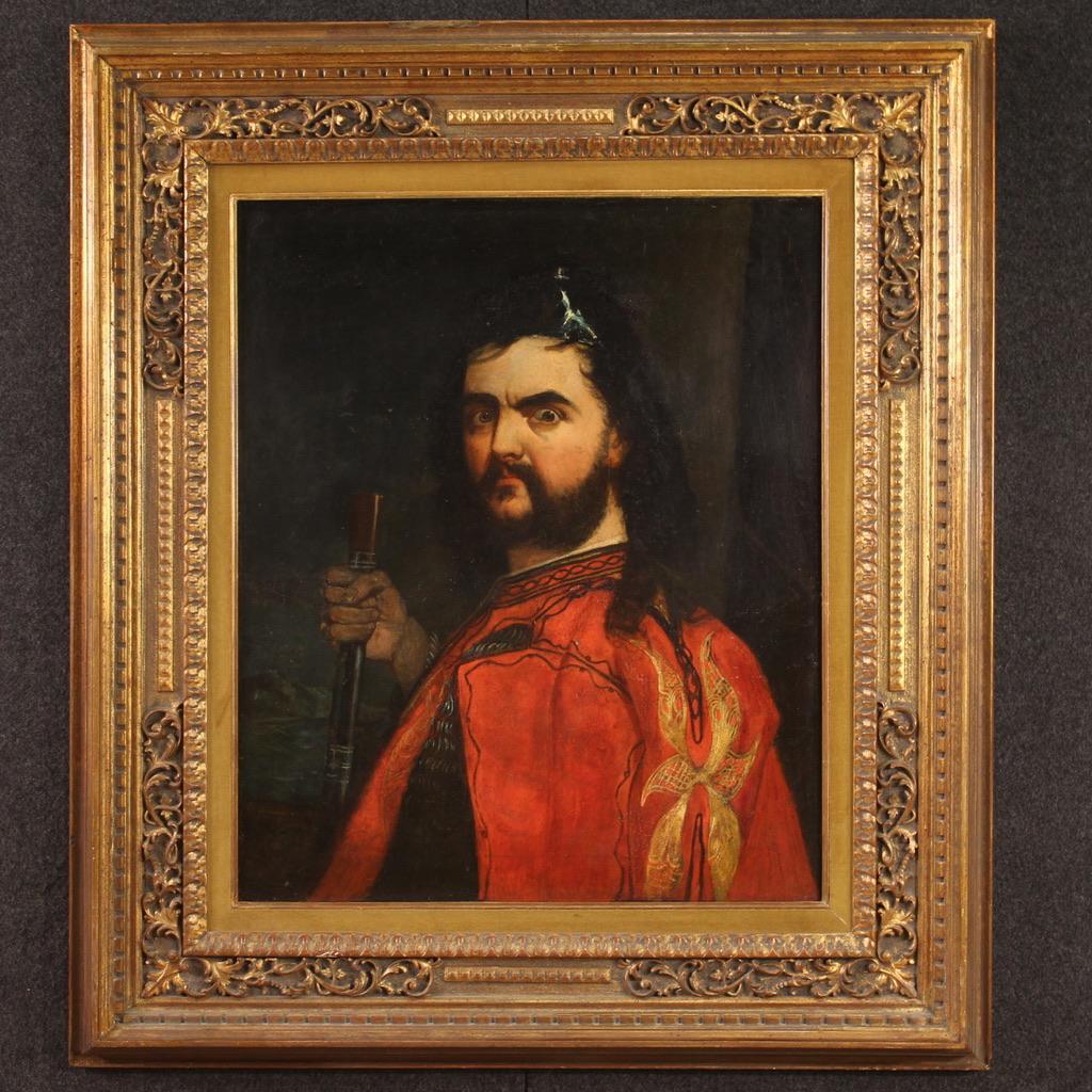Peinture flamande ancienne du 19e siècle. Huile sur toile représentant un portrait masculin particulier avec une cape rouge d'excellente qualité picturale. Peinture difficile à lire avec signature et date dans le coin inférieur gauche (voir photo)