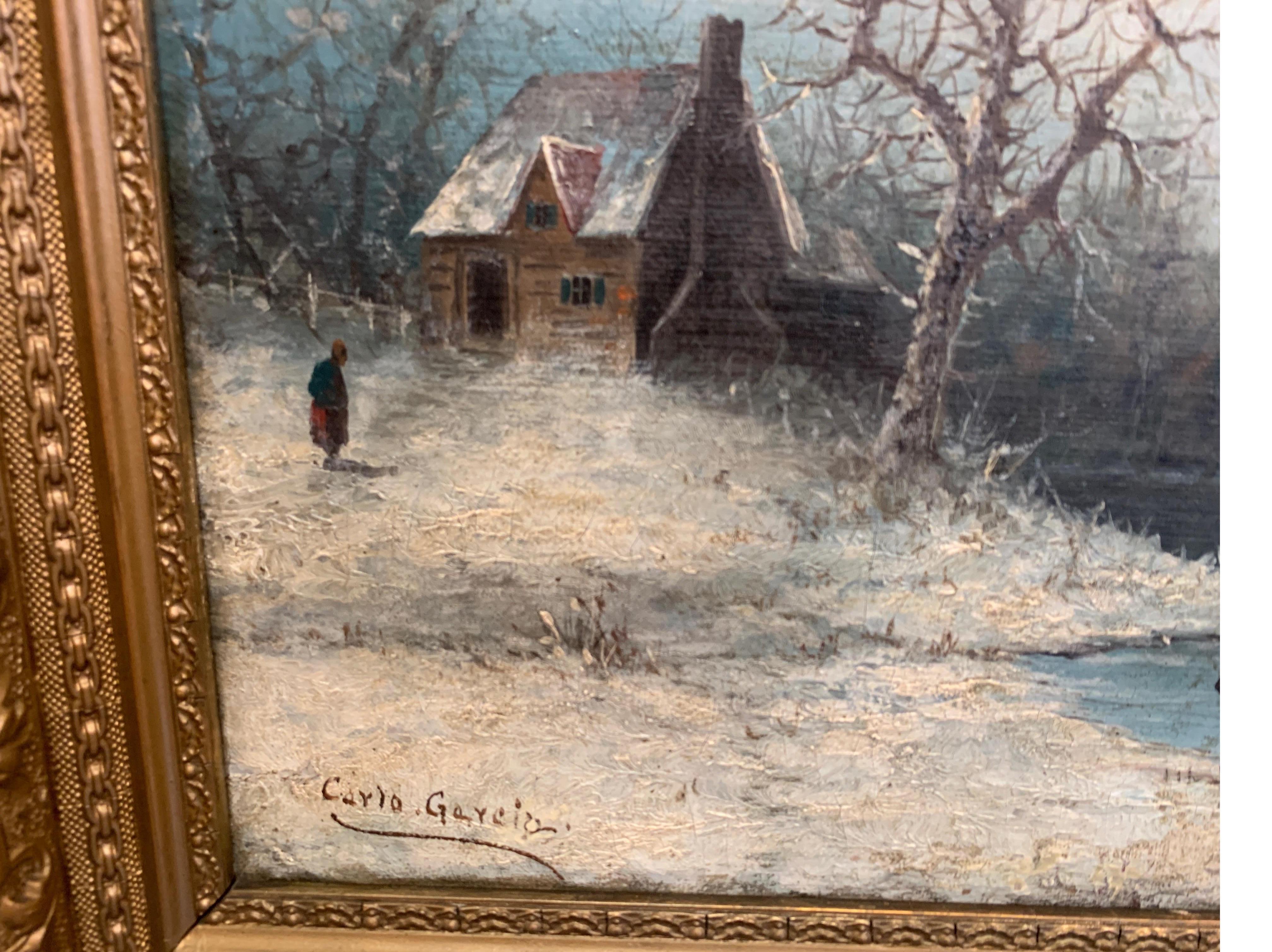 19th Century Oil on Canvas Artist Signed, Skating on the Lake 5