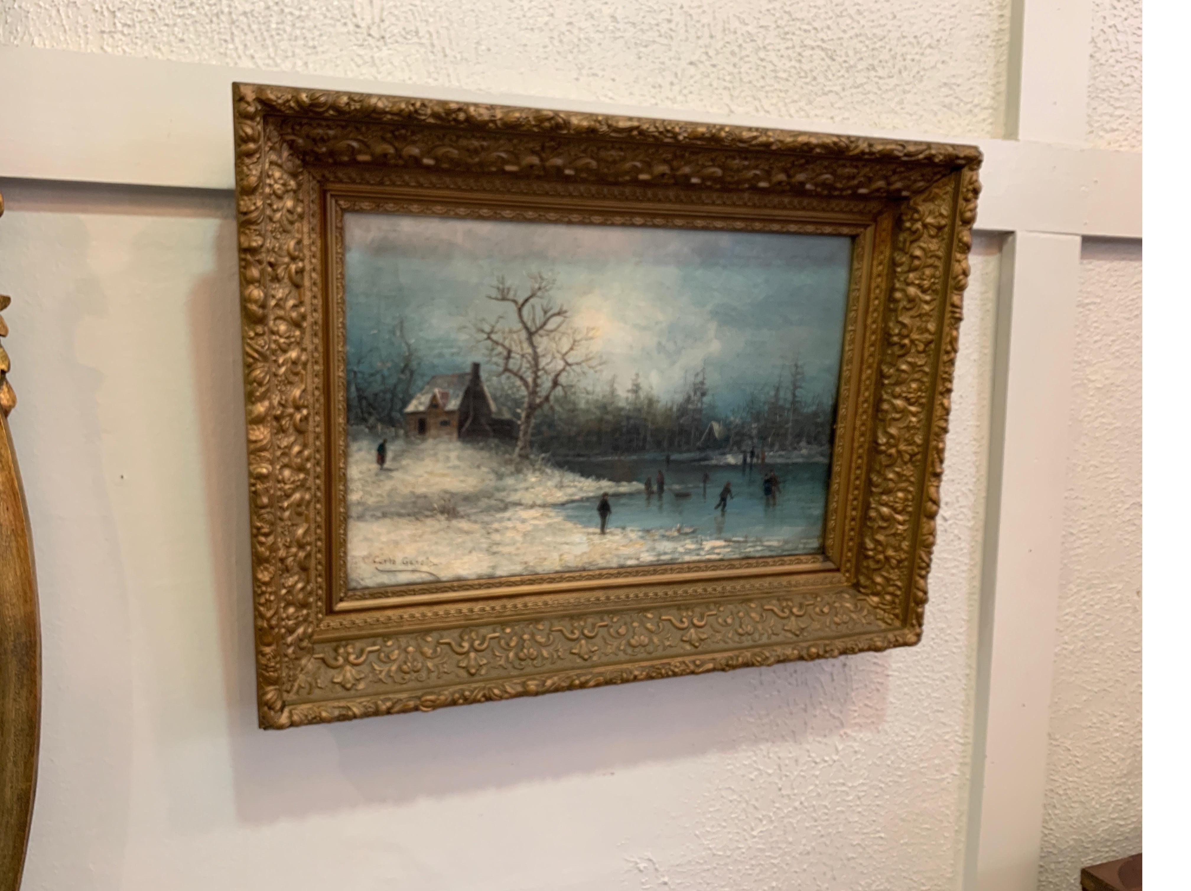 19th century oil on canvas artist signed, skating on the lake
Dimensions: 23.5