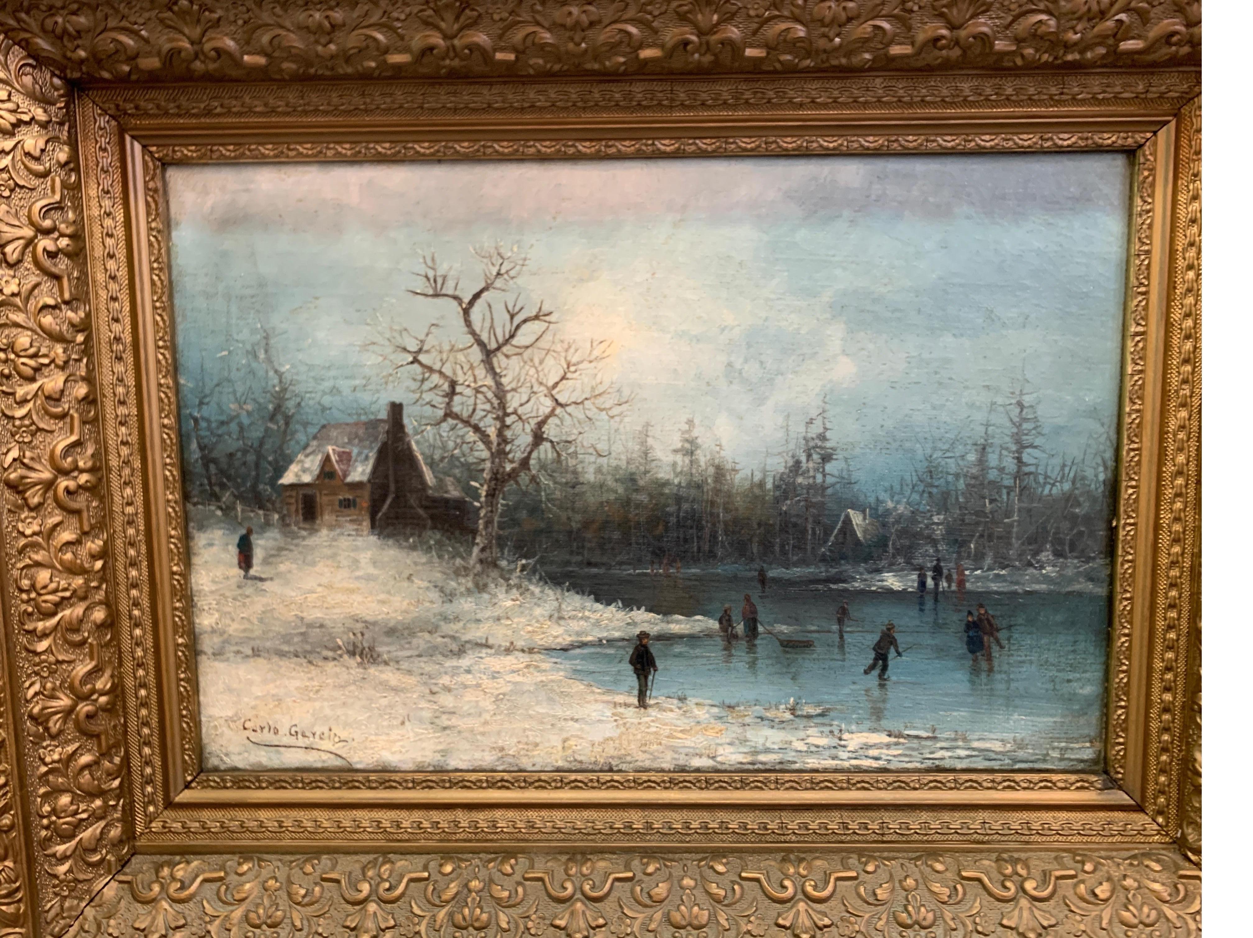 19th Century Oil on Canvas Artist Signed, Skating on the Lake In Good Condition In Lambertville, NJ