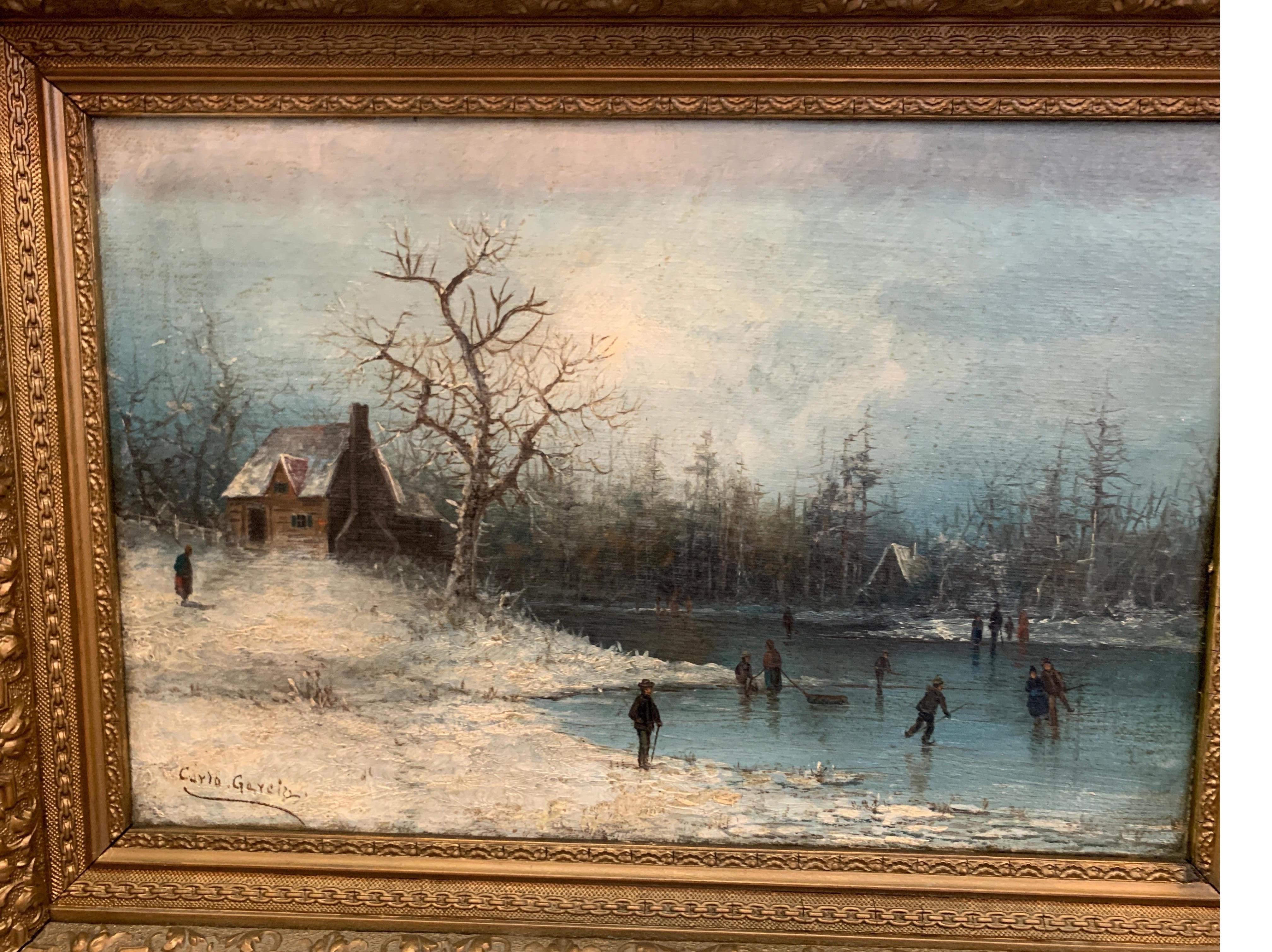 Paint 19th Century Oil on Canvas Artist Signed, Skating on the Lake