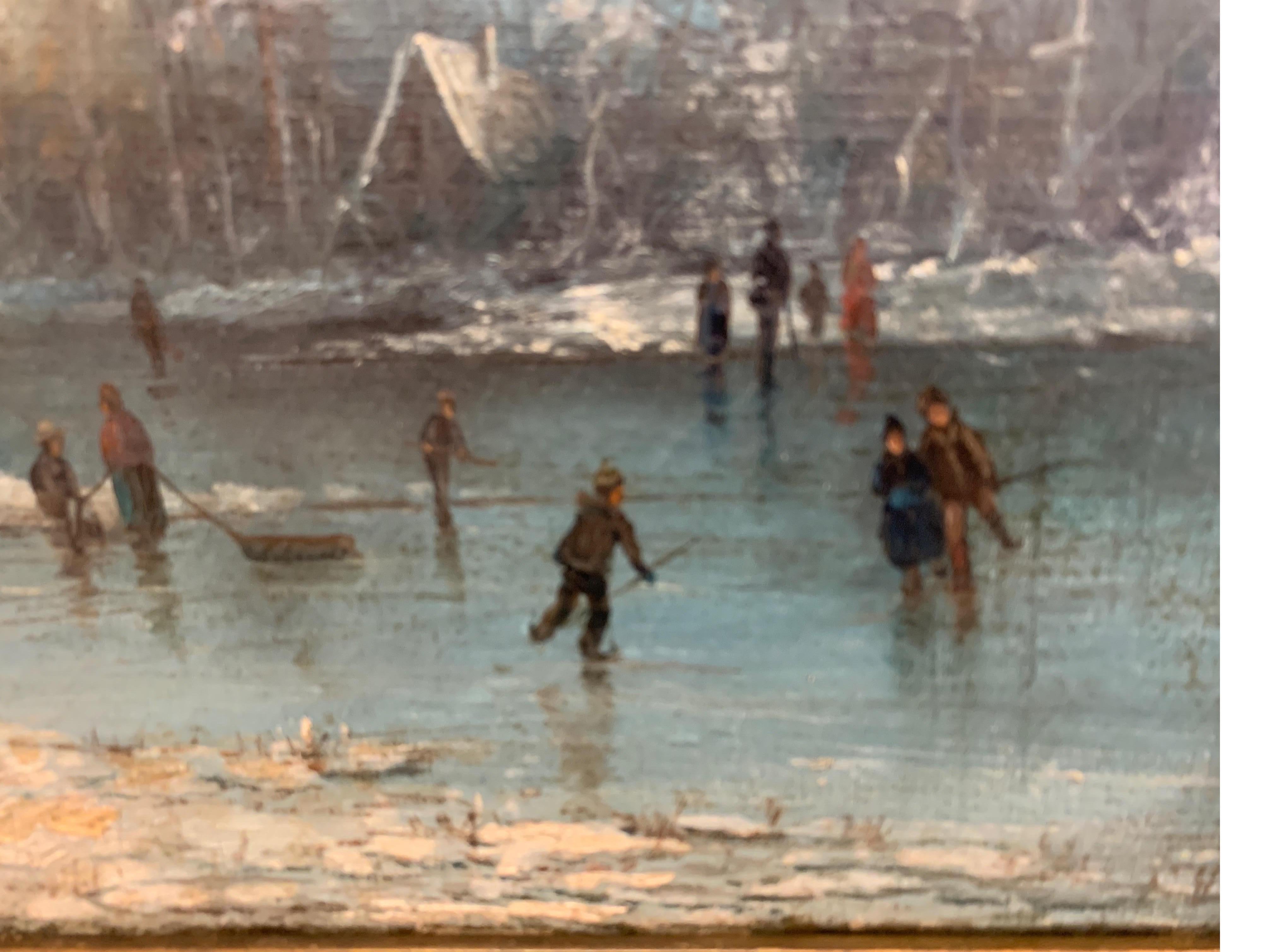 19th Century Oil on Canvas Artist Signed, Skating on the Lake 1