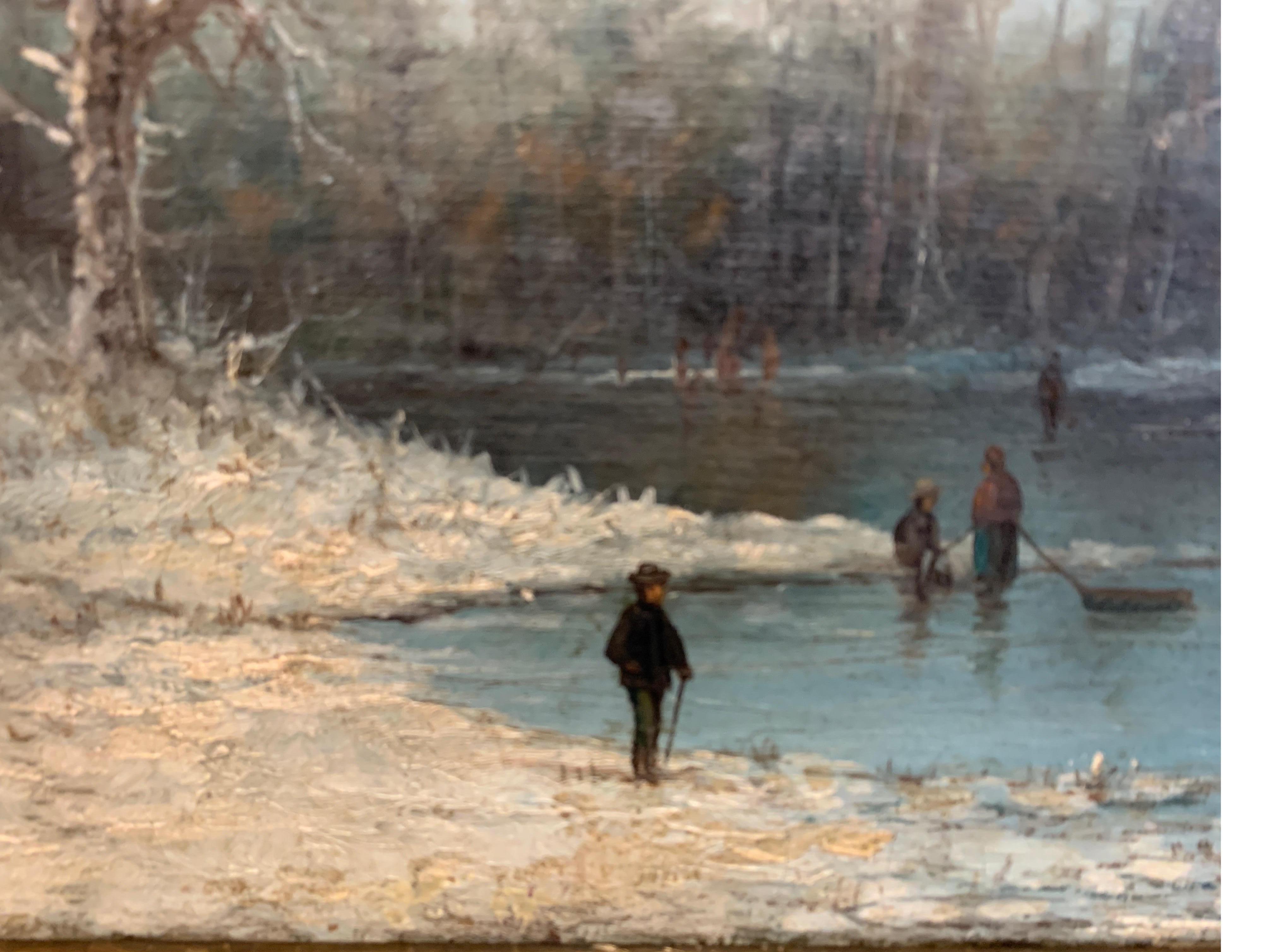 19th Century Oil on Canvas Artist Signed, Skating on the Lake 4