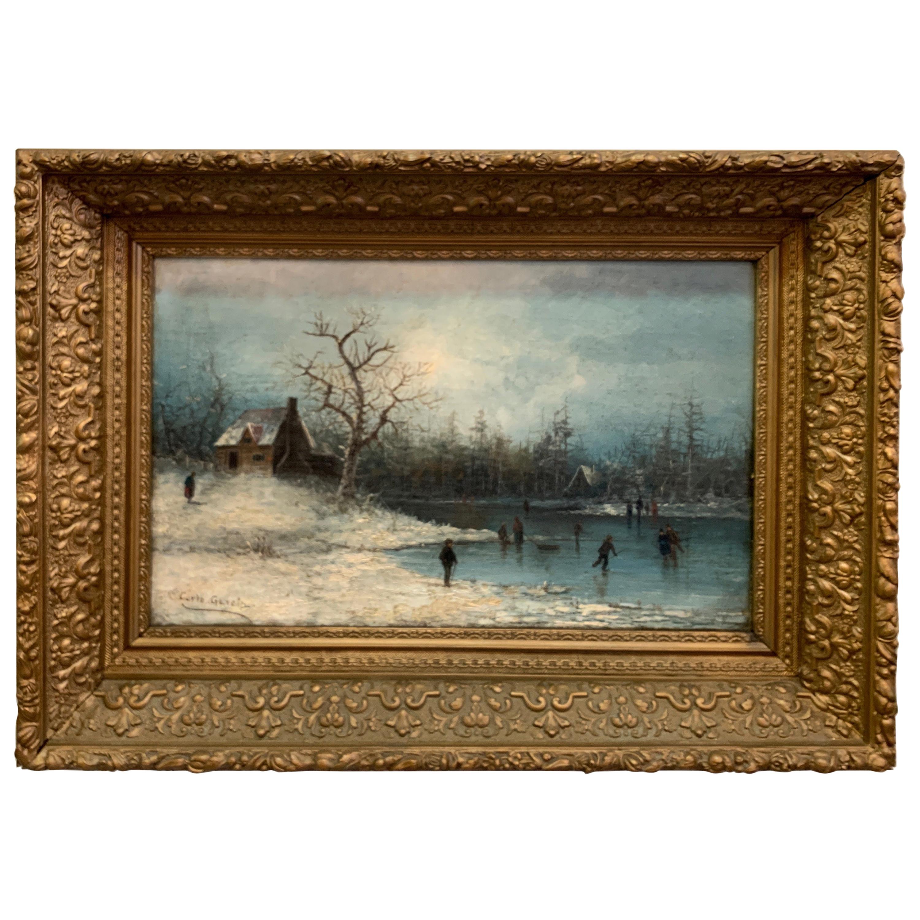 19th Century Oil on Canvas Artist Signed, Skating on the Lake