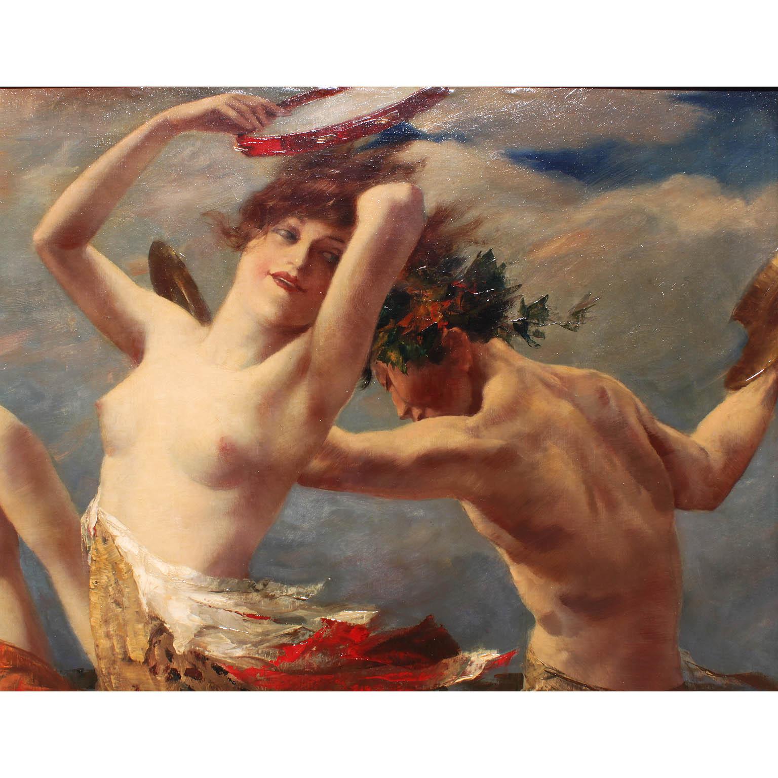 Grand groupe de Bacchantes à l'huile sur toile du XIXe siècle, représentant deux jeunes filles allégoriques semi-nues dansant avec une casserole, attribué à Leopold Schmutzler (1864-1941). Signée (en bas à droite) dans un cadre sculpté en bois doré,