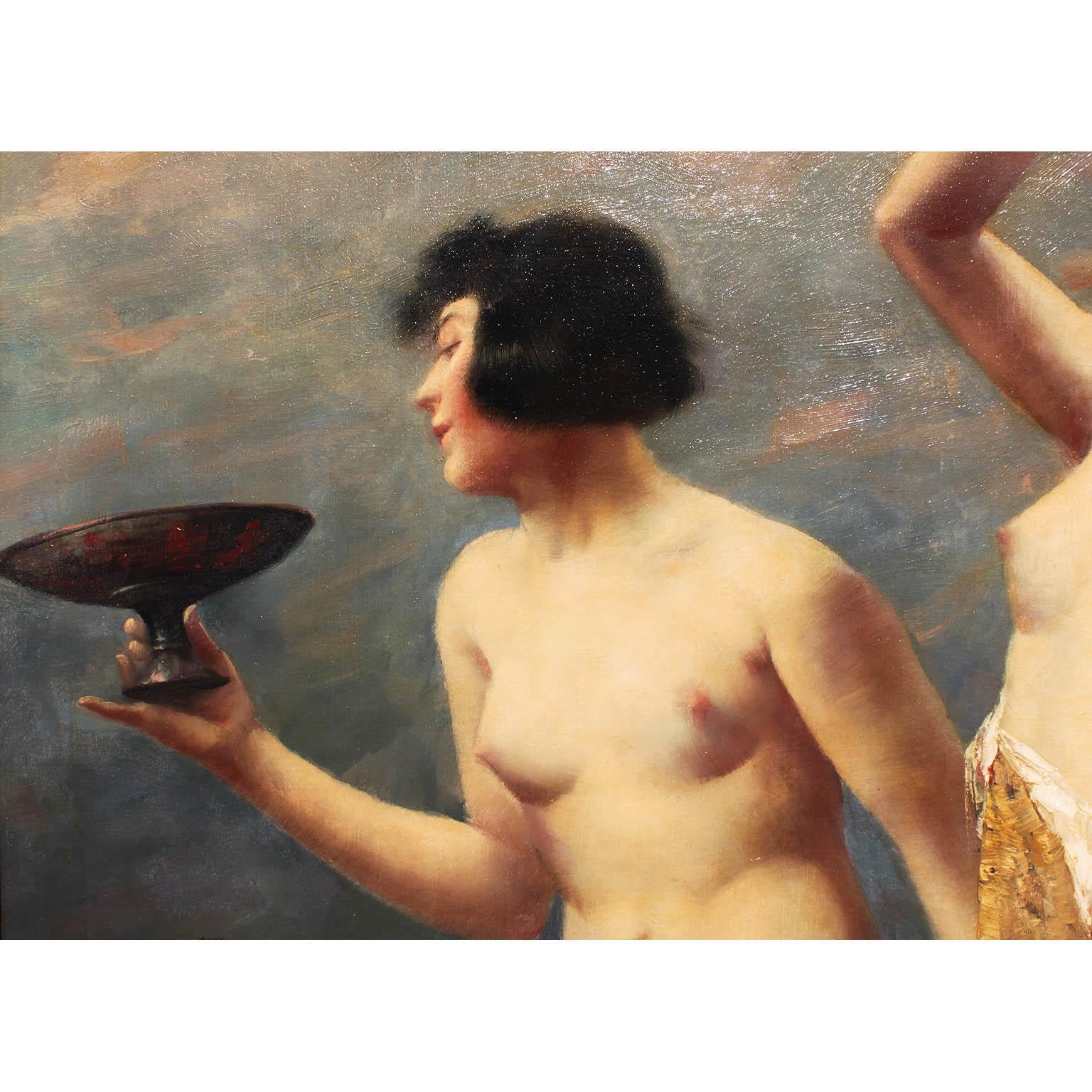 Sculpté à la main Huile sur toile du XIXe siècle, Groupe de bacchantes, attribuée à Leopold Schmutzler en vente