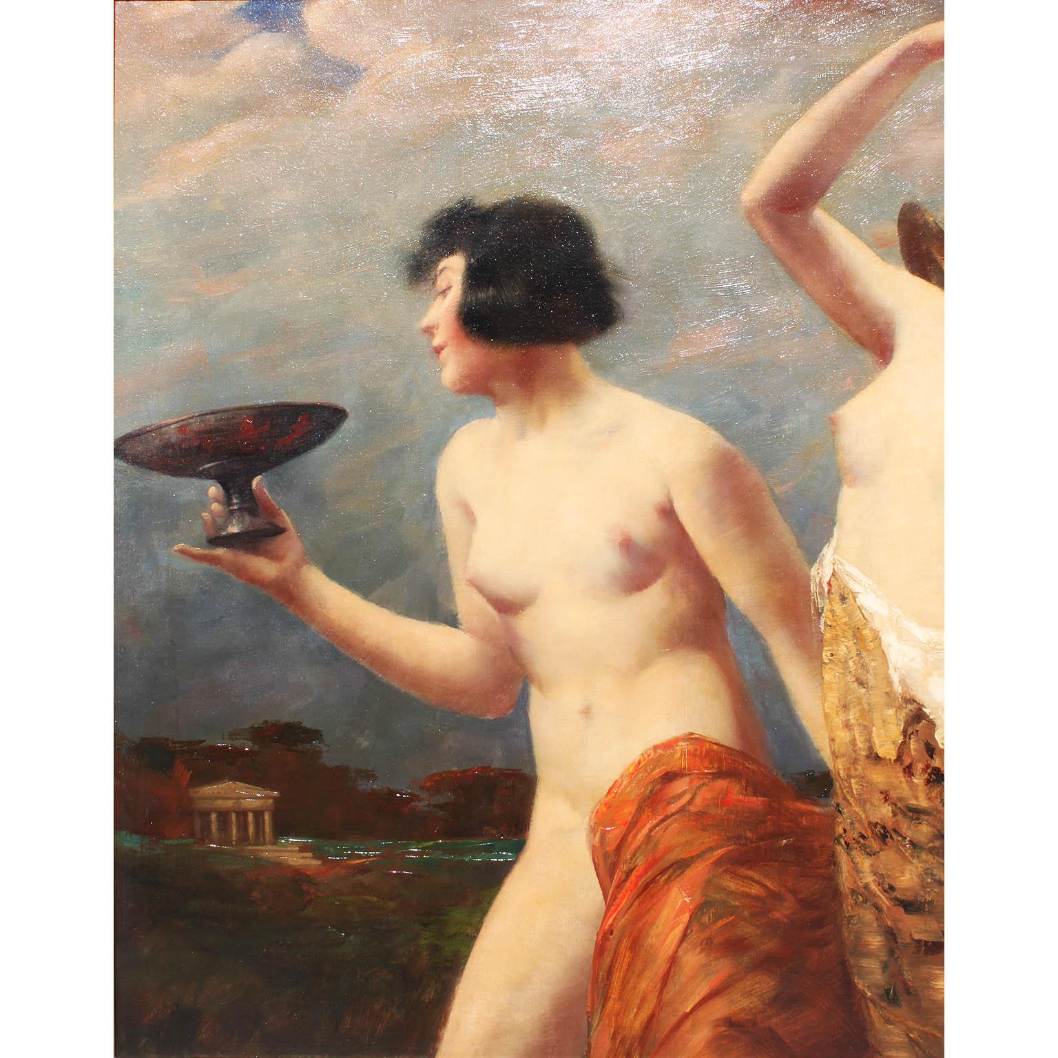 Greco Roman 19th Century Oil on Canvas Bacchante Group Attributed to Leopold Schmutzler For Sale