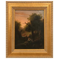 Antique 19th Century Oil on Canvas Bucolic Scene of Boy Fishing