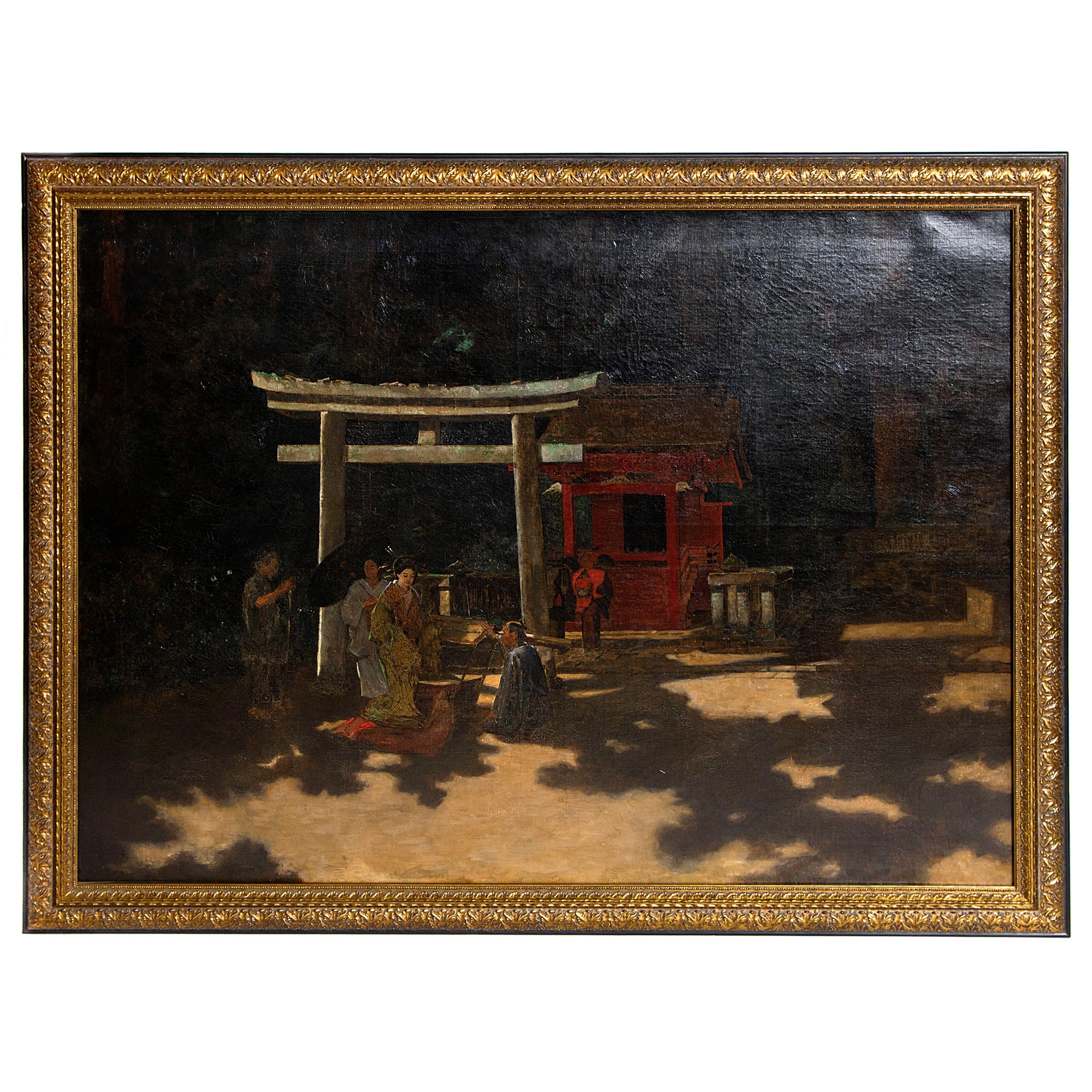 19th Century Oil on Canvas by Francis Heydhart,  "A Courtyard Ceremony, Nikko"