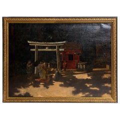 Olio su tela del XIX secolo di Francis Heydhart,  "Cerimonia nel cortile di Nikko".