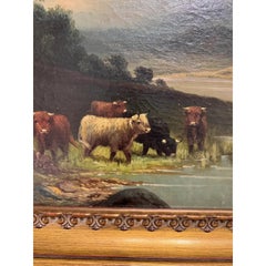 19th Century Oil on Canvas "Cattle by Stream"