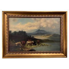 19th Century Oil on Canvas "Cattle by Stream"