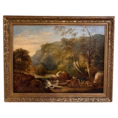 19th Century Oil on Canvas "Cattle Watering by the Stream"