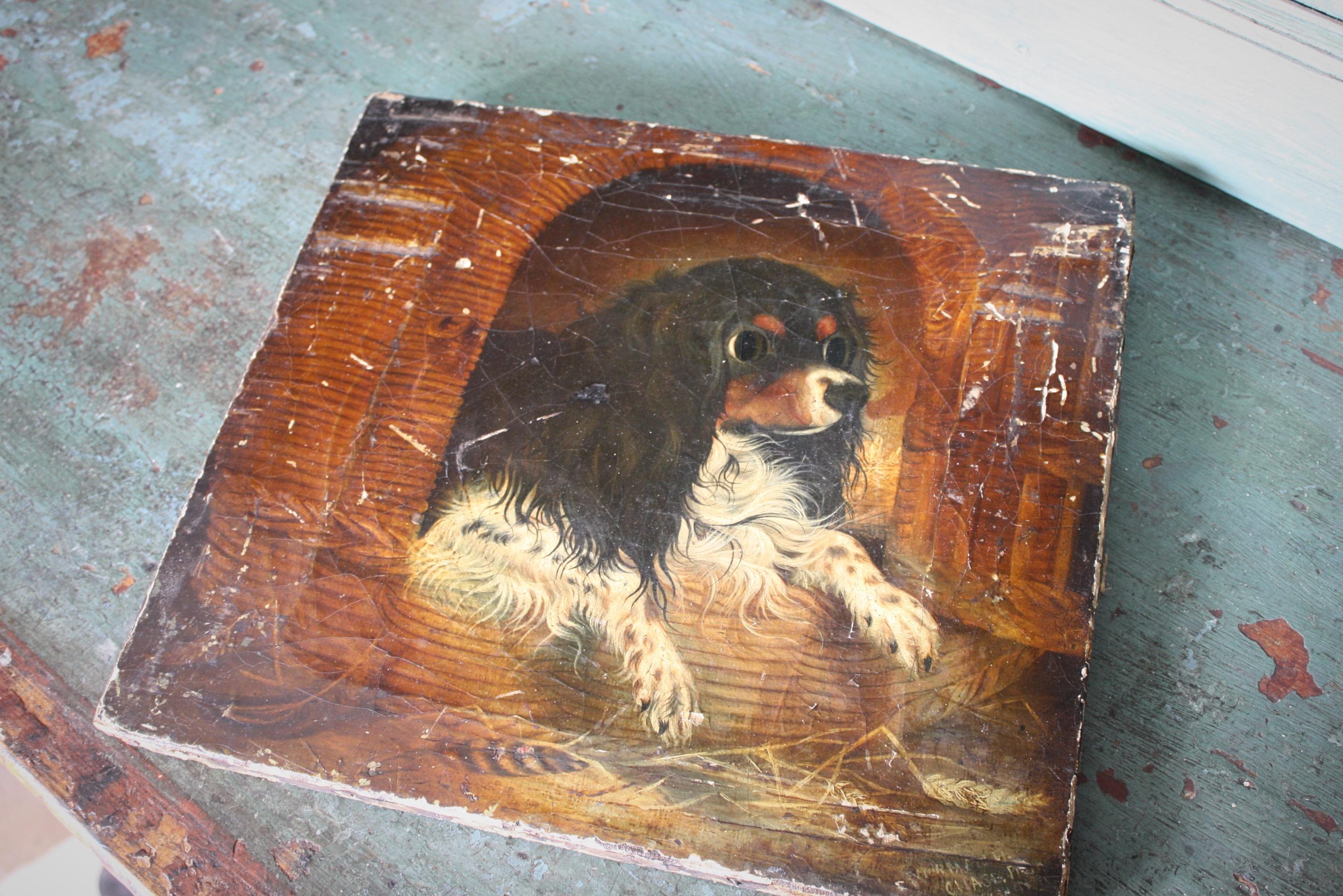 XIXe siècle Huile sur toile du 19ème siècle - Portrait ancien de chien cavalier du roi Charles épagneul en vente