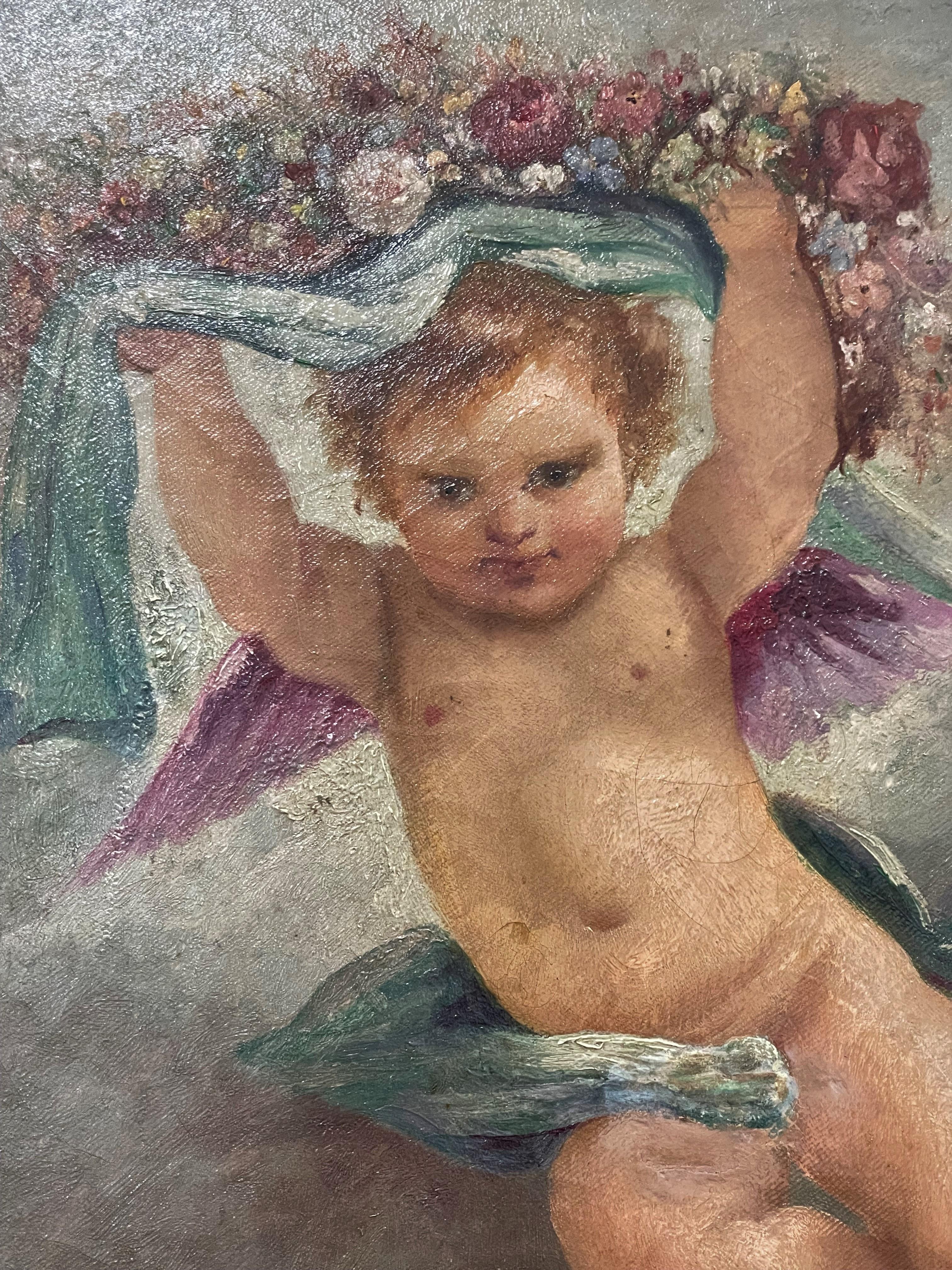 19th century oil on canvas. Cherub with floral wreath 

Craquelure is noticeable 

The condition is consistent with age. Please view all photos.

14 x 17 unframed, 18.25 x 21.25 framed