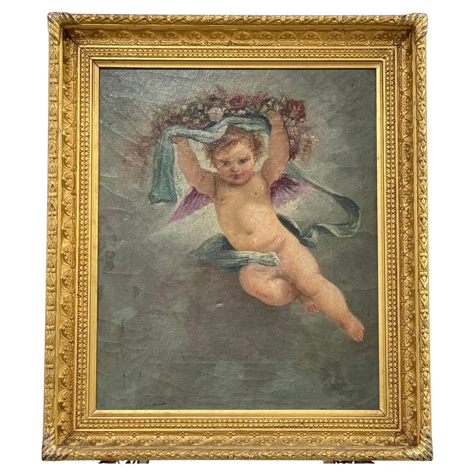 19th century oil on canvas. Cherub with floral wreath  For Sale