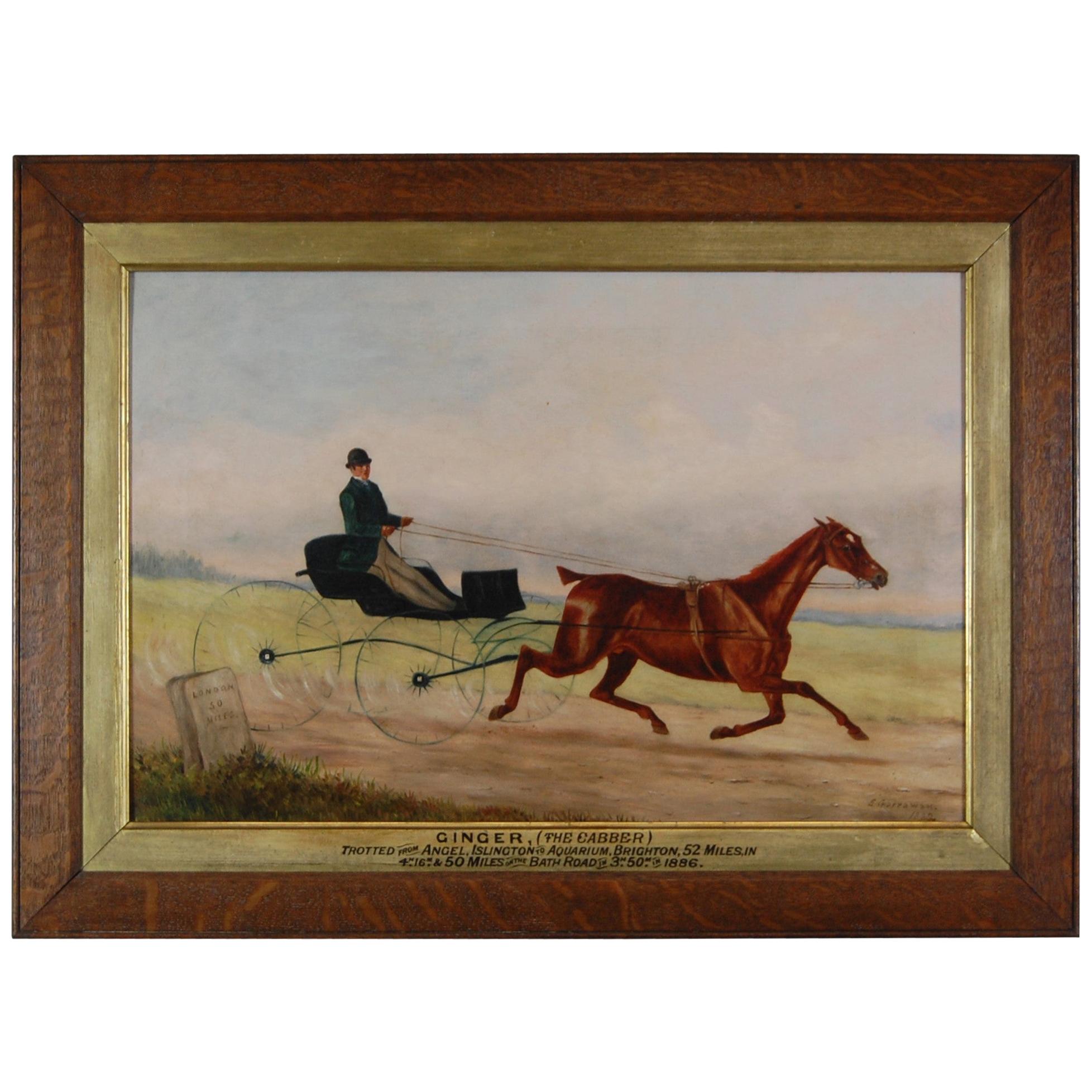 19th Century Oil on Canvas Chestnut Horse Pulling Rider and Trap
