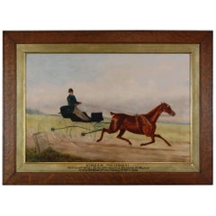 Antique 19th Century Oil on Canvas Chestnut Horse Pulling Rider and Trap