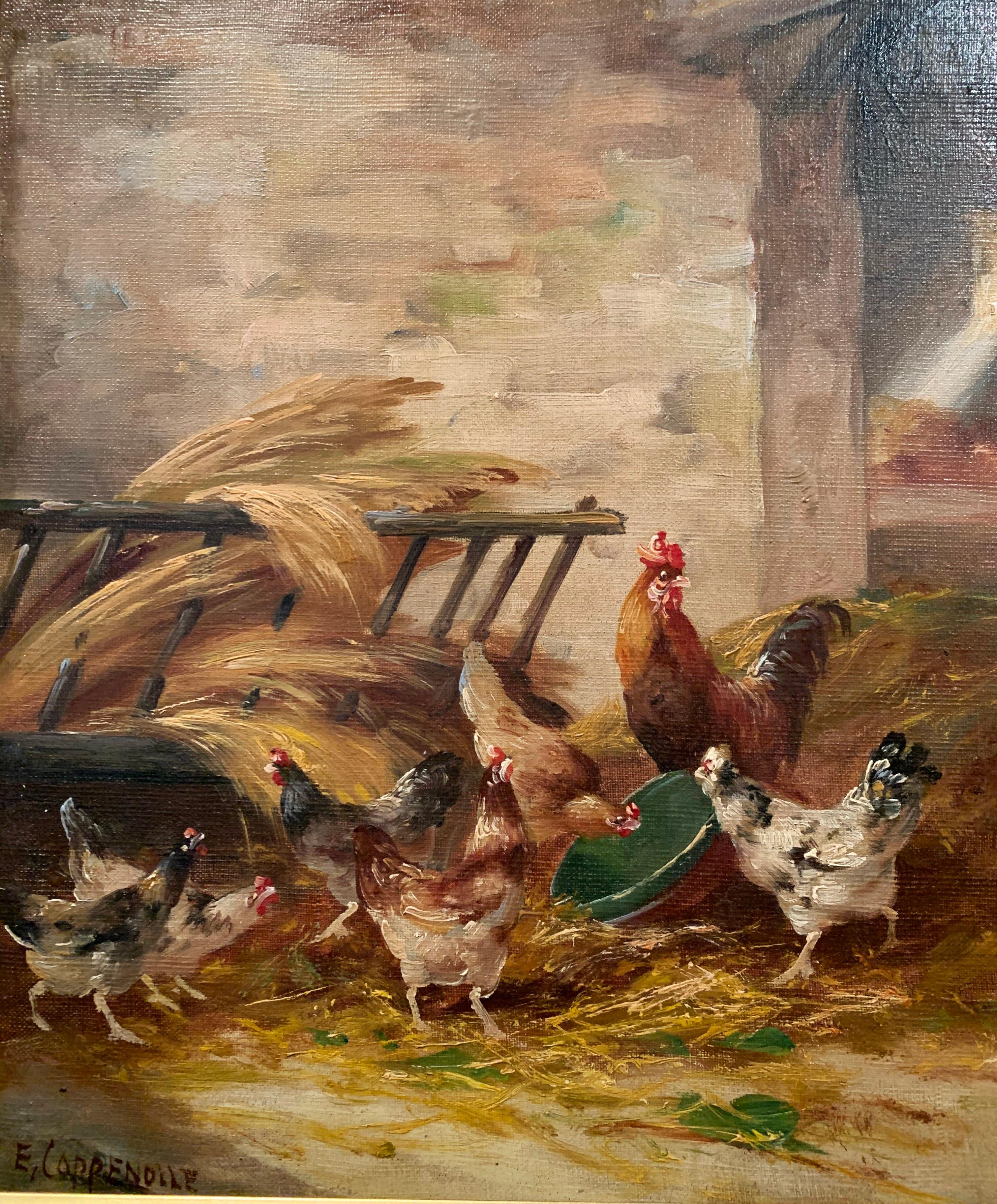Bring a beauty of the French countryside to your kitchen with this charming, antique farm painting. Set in a carved giltwood frame, the artwork depicts a farm house scene with seven chicken and roosters. The bucolic composition has a warm color