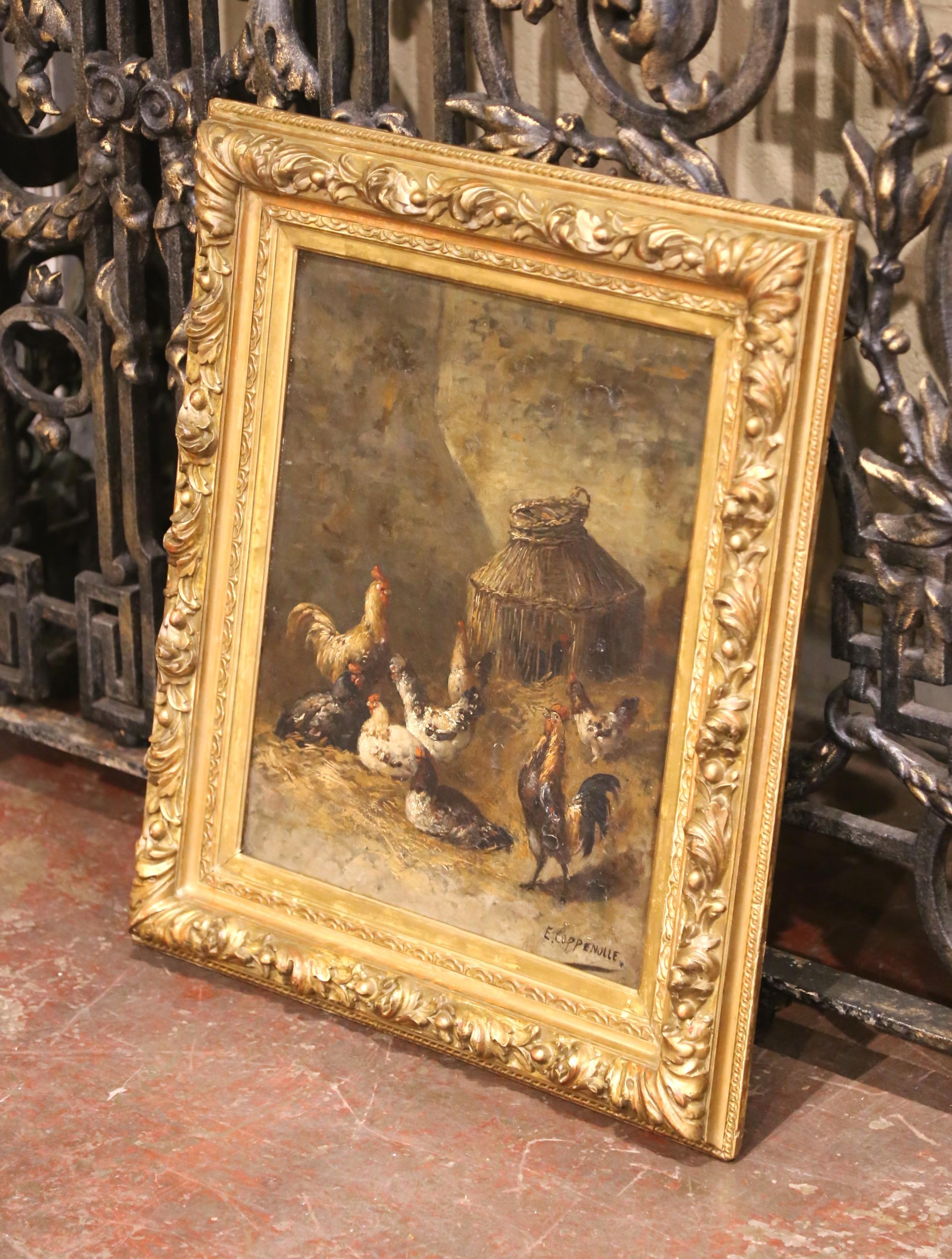 Bring rustic charm to your interior with this intimate and richly textured barnyard scene painted by Edmond van Coppenolle. Executed circa 1880, likely during the artist’s time in France, the oil on canvas depicts a lively group of chickens gathered