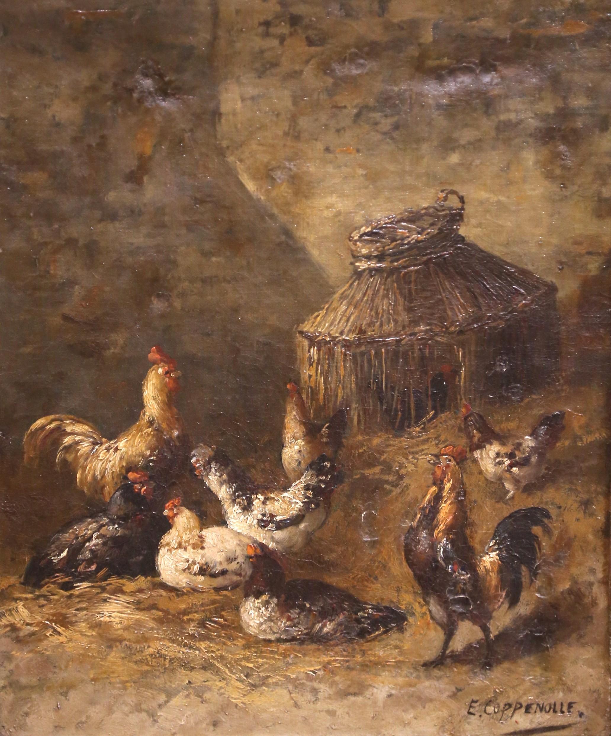 French 19th Century Oil on Canvas Chicken Painting in Gilt Frame Signed E. Coppenolle For Sale