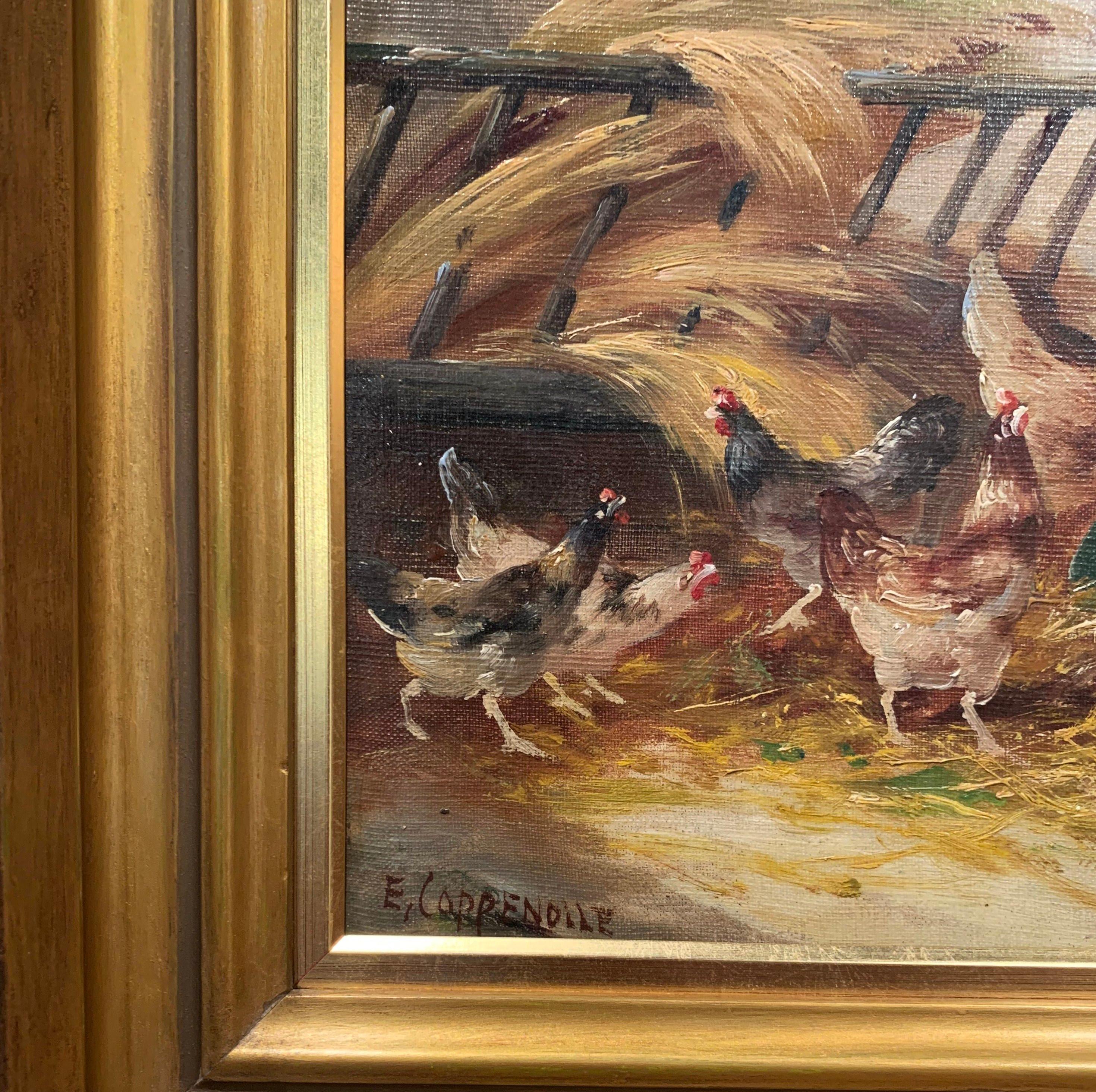 French 19th Century Oil on Canvas Chicken Painting in Gilt Frame Signed E. Coppenolle