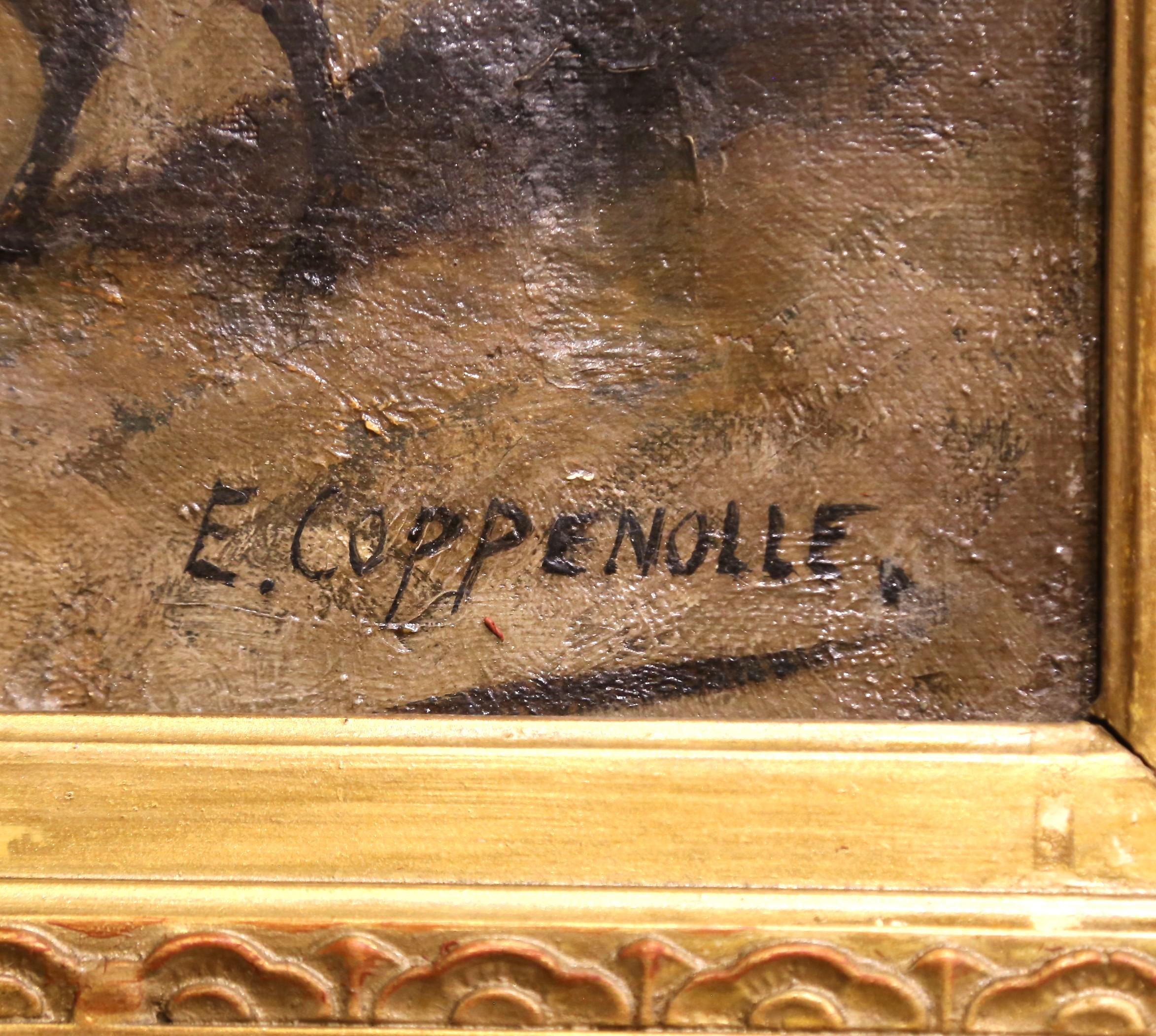 19th Century Oil on Canvas Chicken Painting in Gilt Frame Signed E. Coppenolle In Excellent Condition For Sale In Dallas, TX