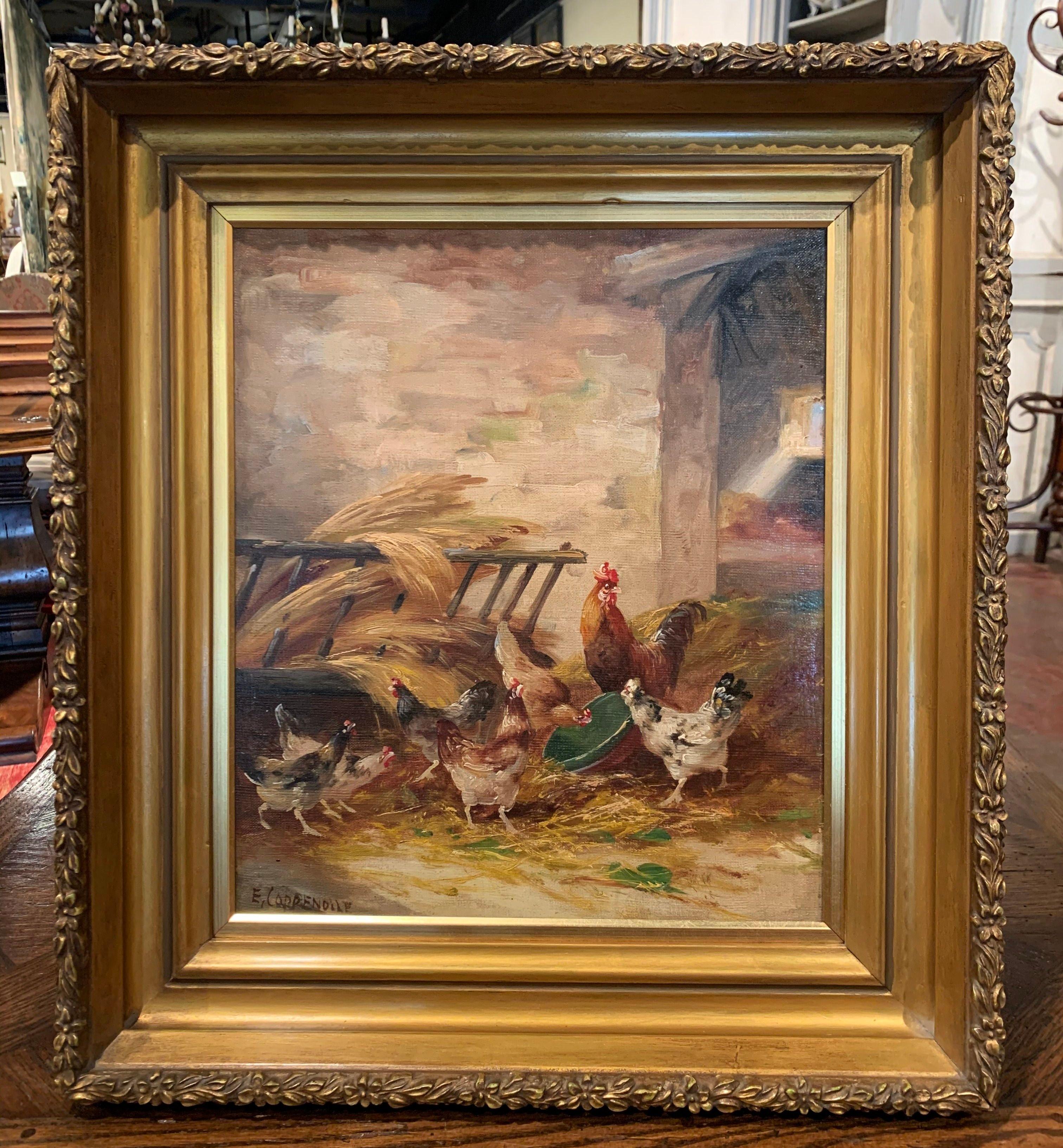 Carved 19th Century Oil on Canvas Chicken Painting in Gilt Frame Signed E. Coppenolle