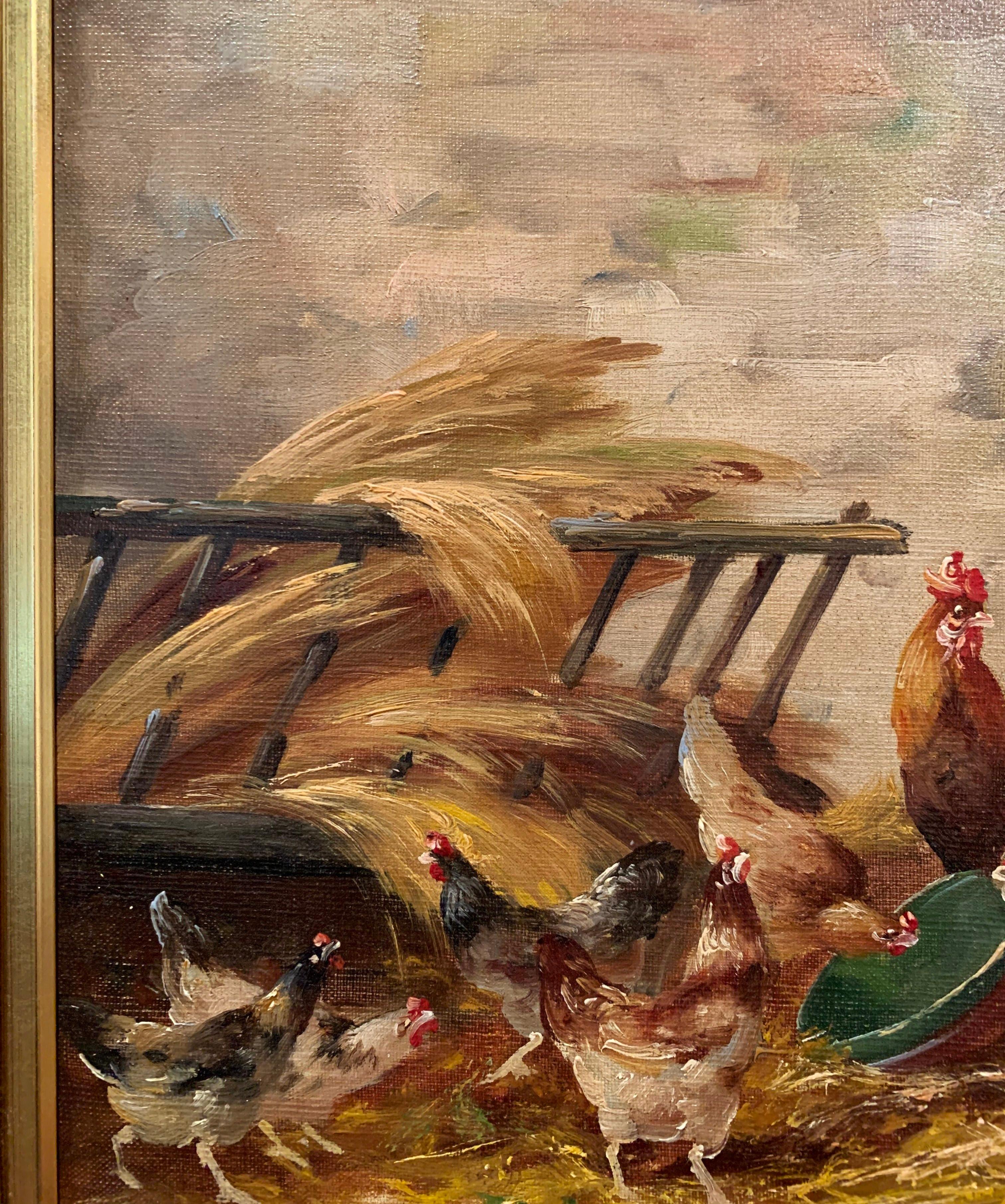 19th Century Oil on Canvas Chicken Painting in Gilt Frame Signed E. Coppenolle 1