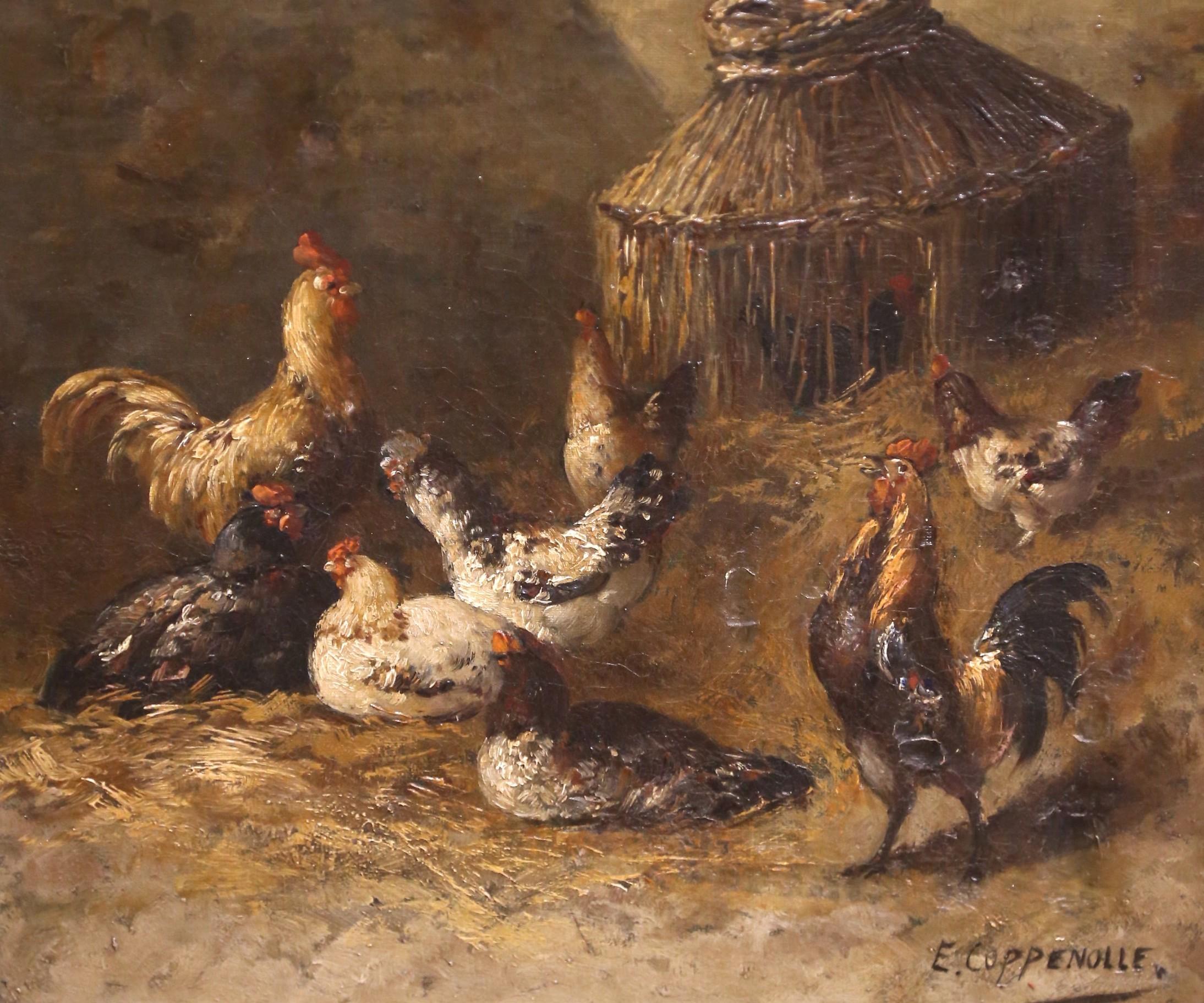19th Century Oil on Canvas Chicken Painting in Gilt Frame Signed E. Coppenolle For Sale 3